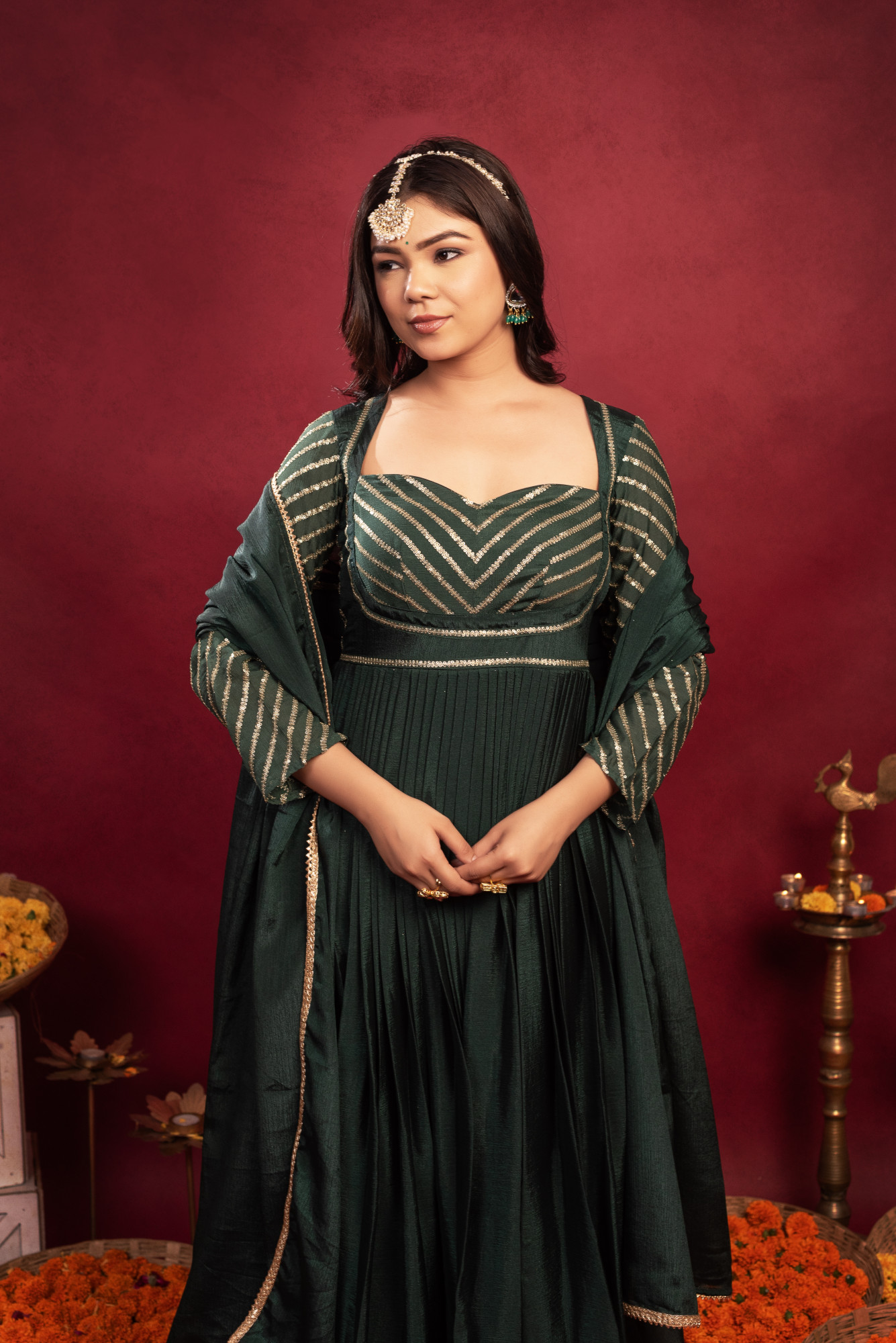 Bottle Green Chinon Sequin Anarkali Suit Set