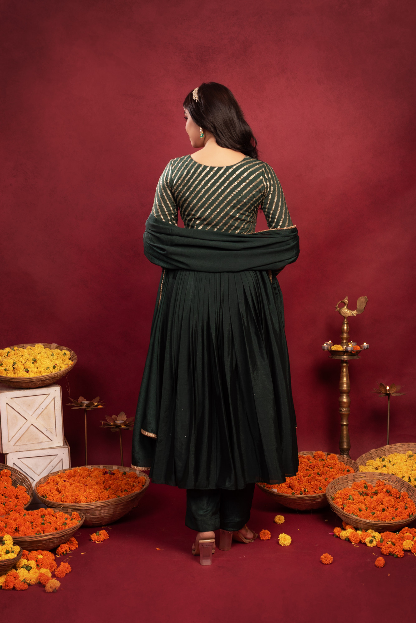 Bottle Green Chinon Sequin Anarkali Suit Set