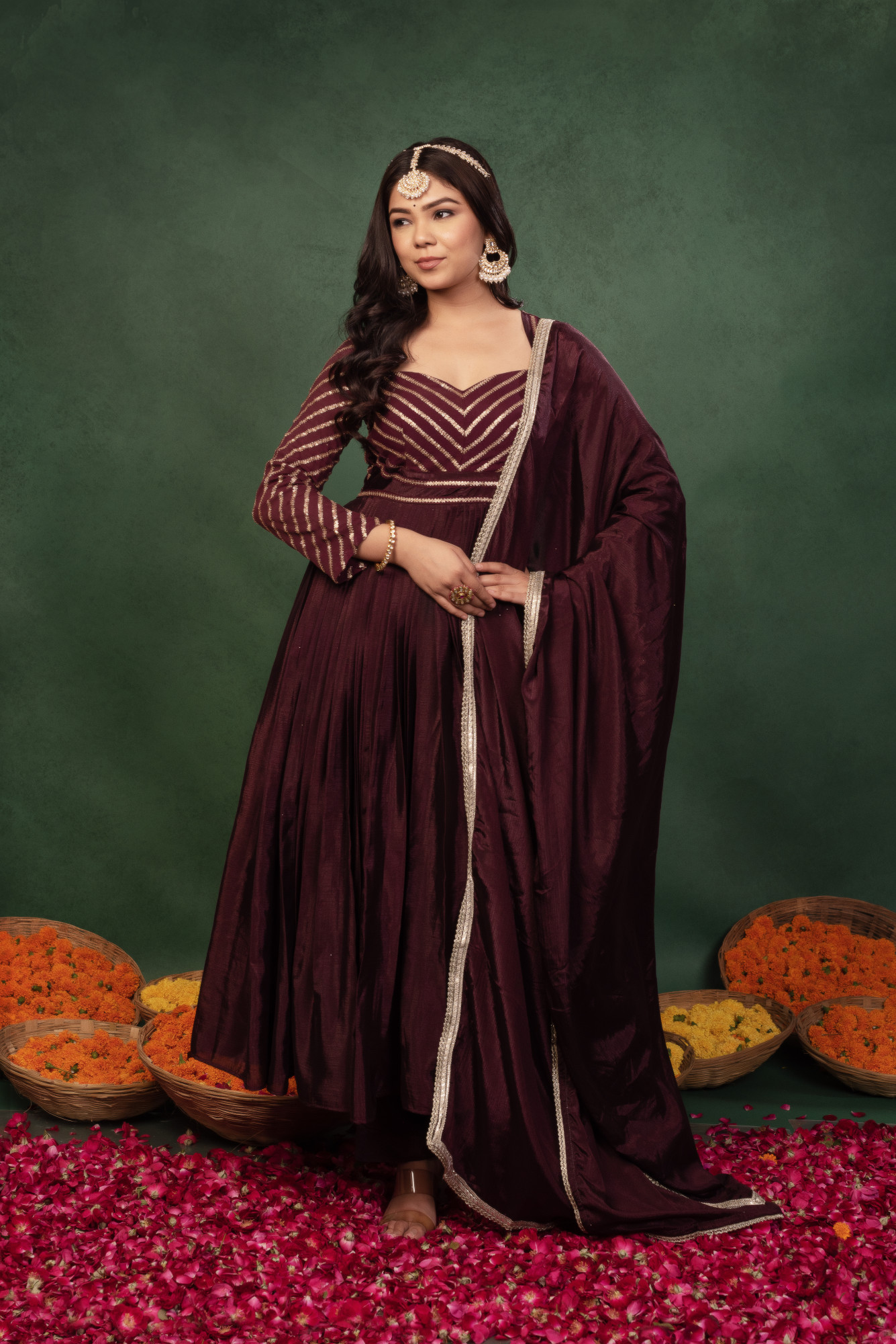 Mulberry Wine Sequins Chinon Anarkali Suit Set
