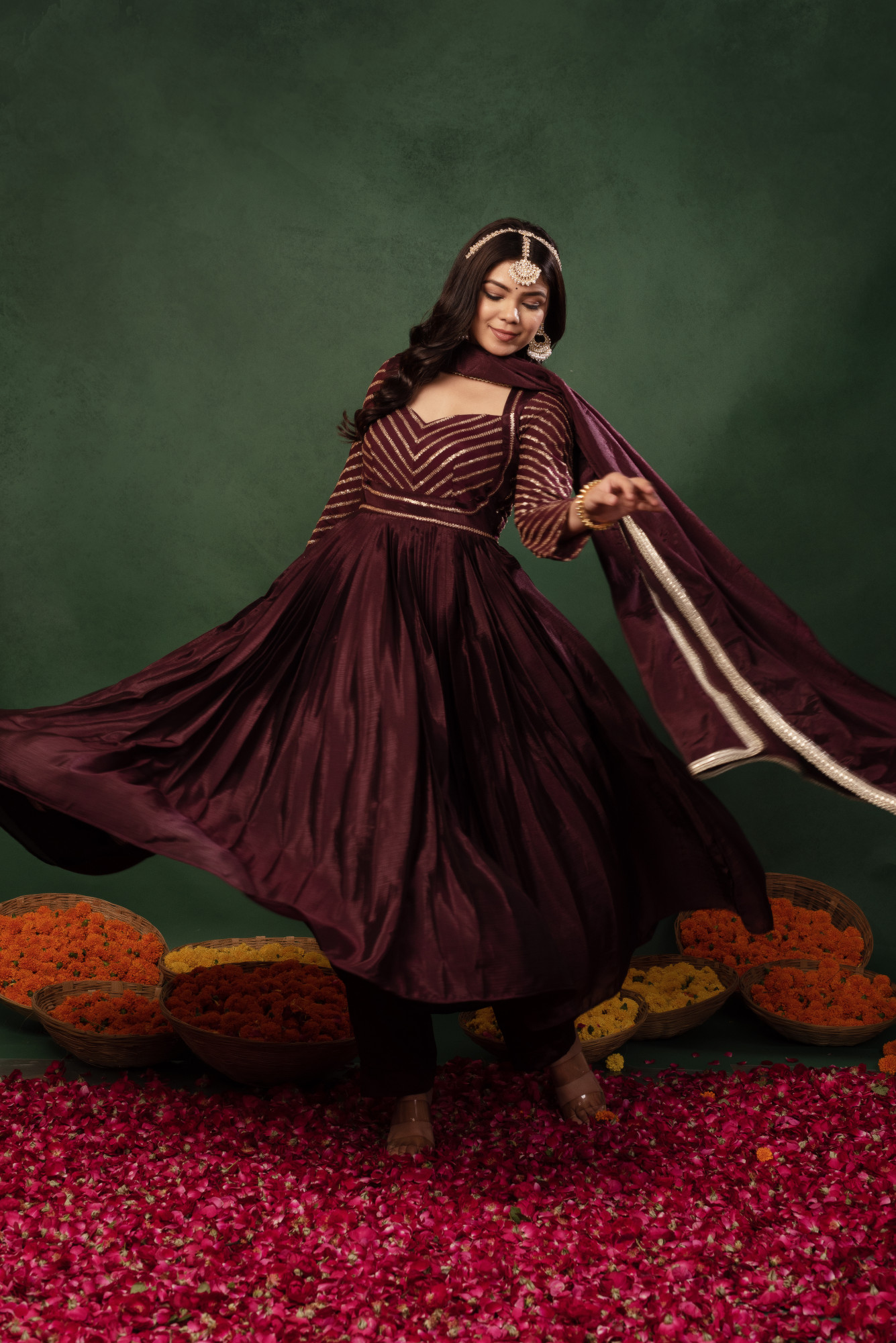 Mulberry Wine Sequins Chinon Anarkali Suit Set