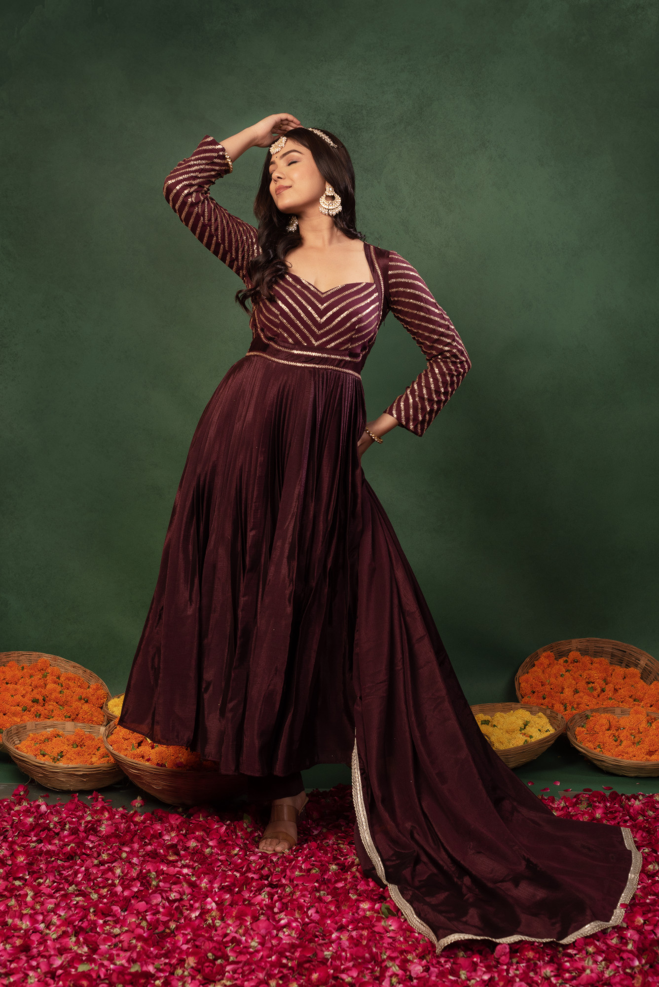 Mulberry Wine Sequins Chinon Anarkali Suit Set