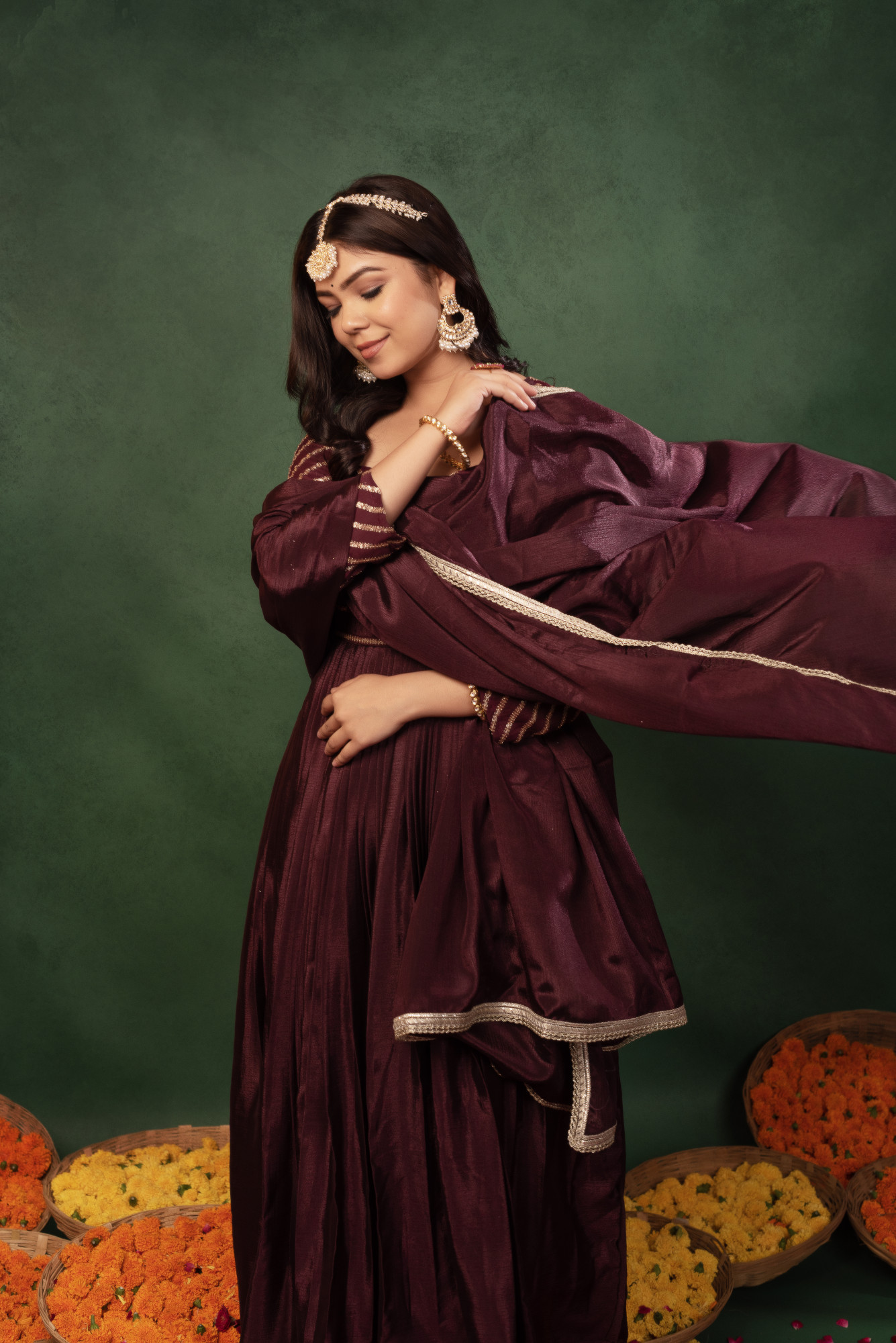 Mulberry Wine Sequins Chinon Anarkali Suit Set