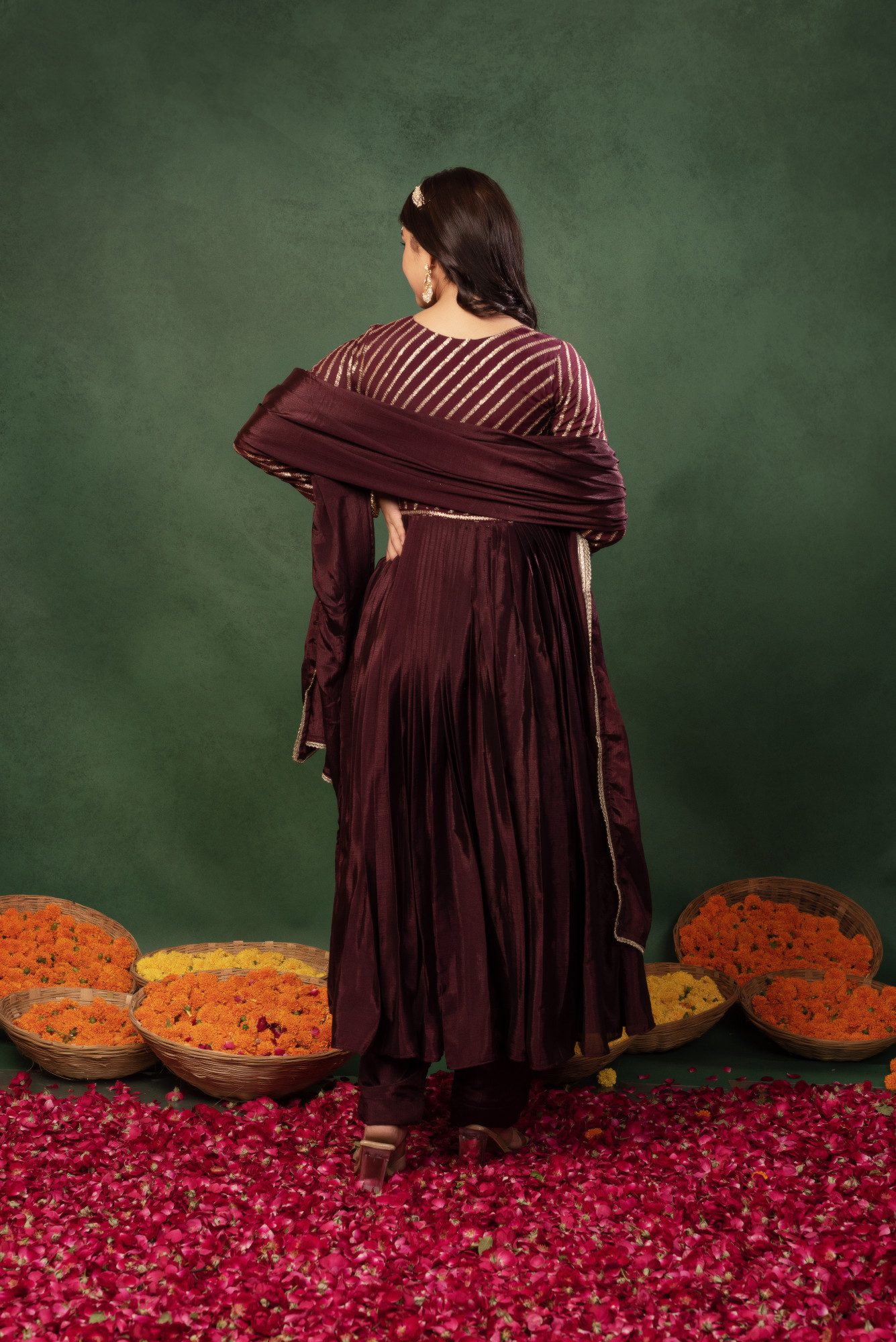 Mulberry Wine Sequins Chinon Anarkali Suit Set
