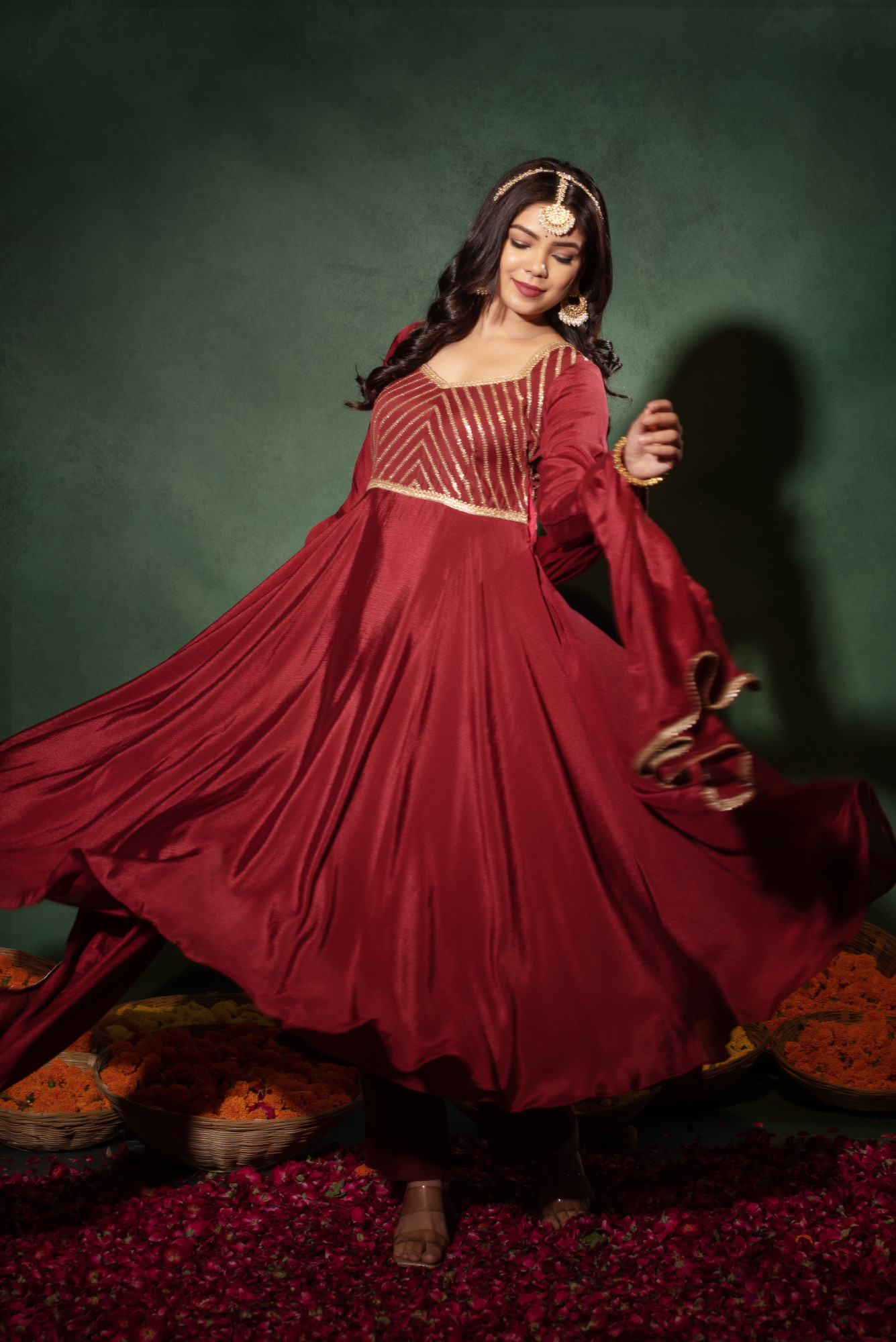 Cranberry Red Sequins Chinon Anarkali Suit Set