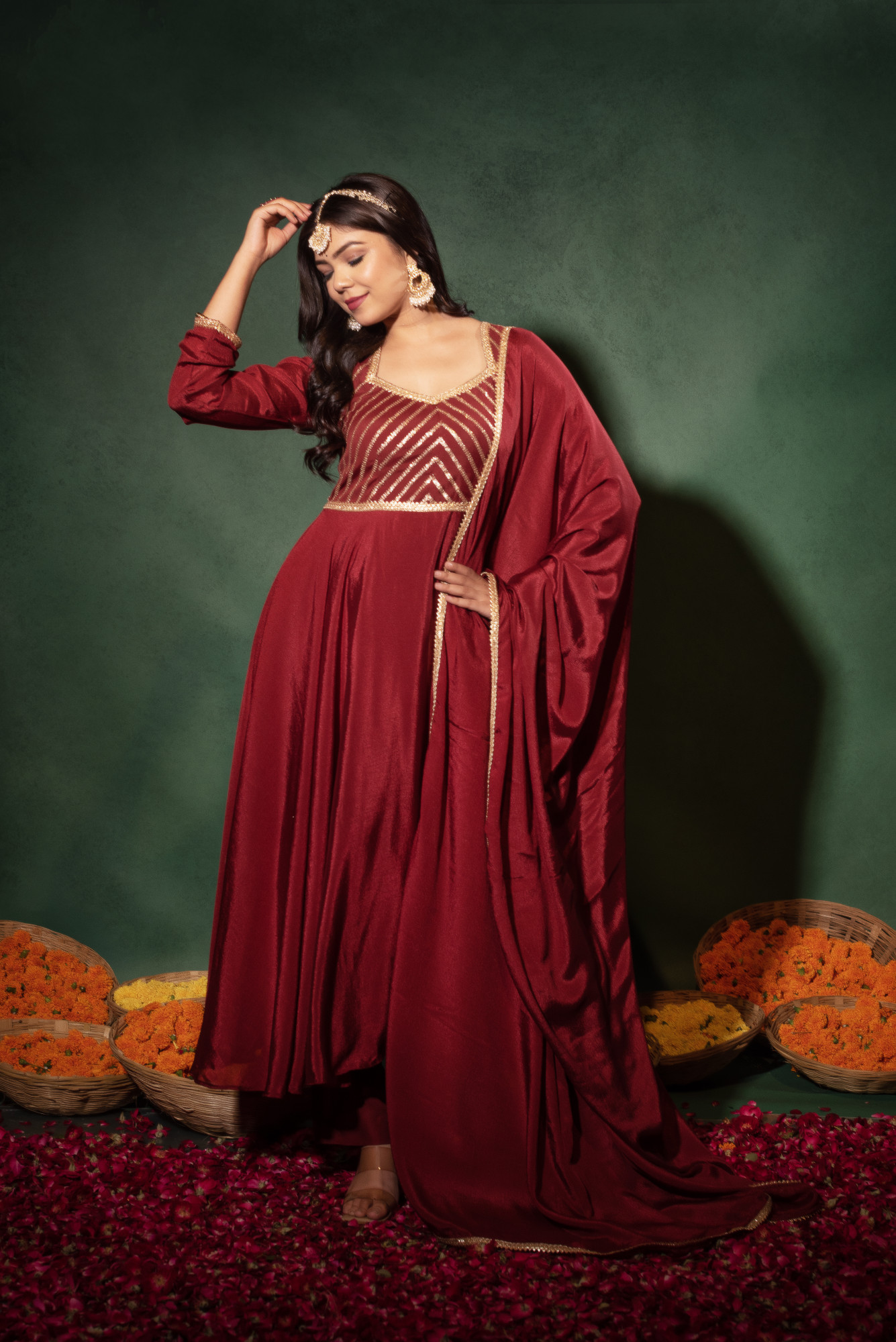 Cranberry Red Sequins Chinon Anarkali Suit Set
