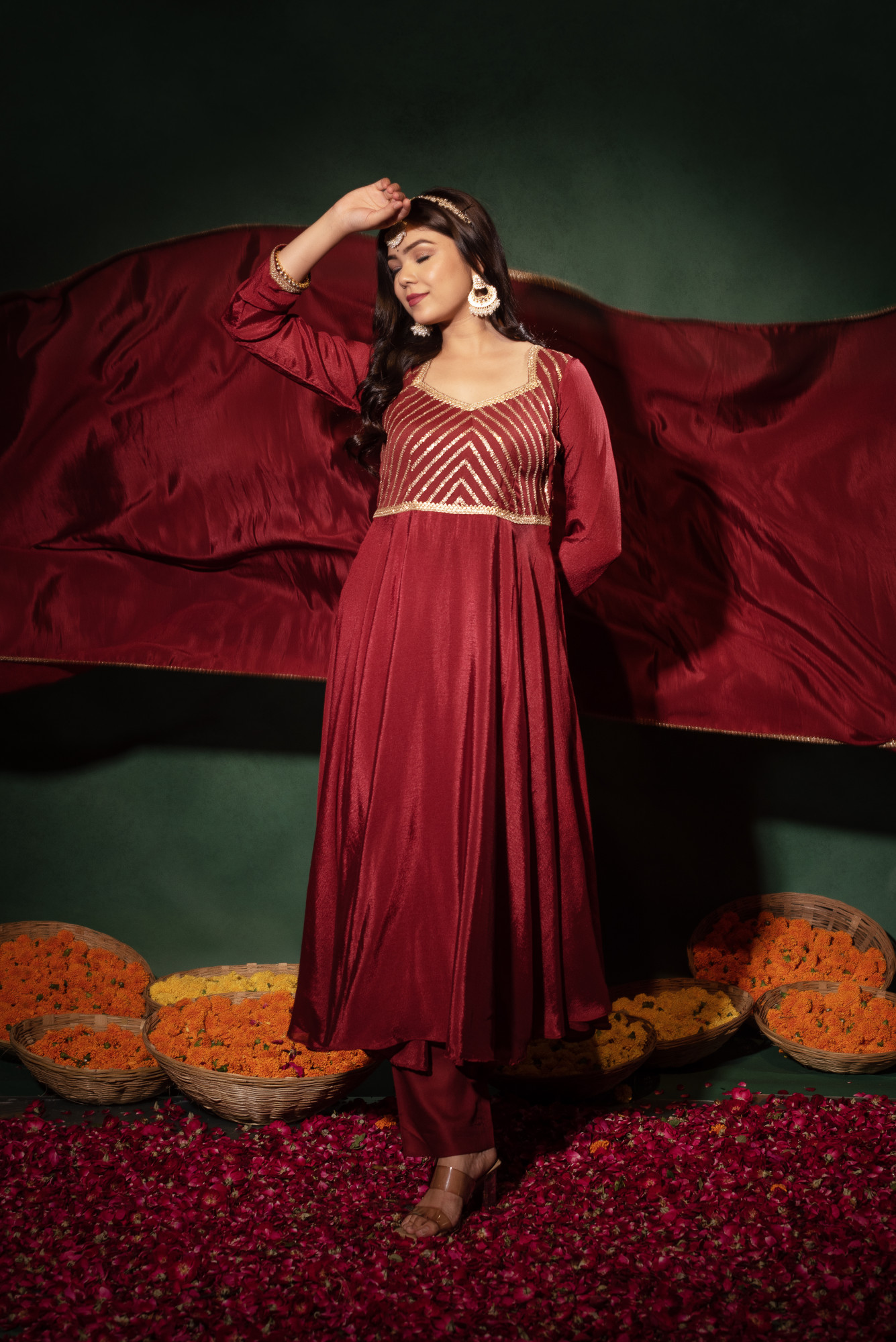Cranberry Red Sequins Chinon Anarkali Suit Set