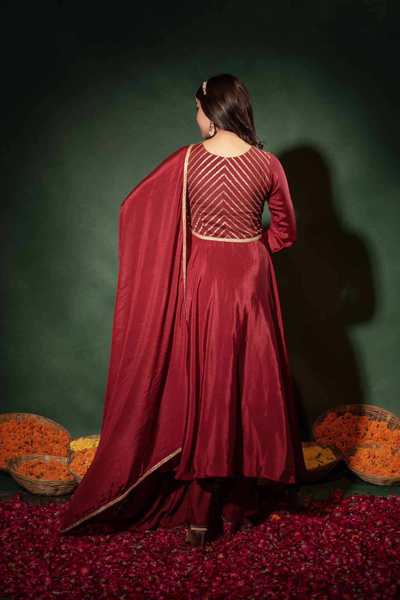 Cranberry Red Sequins Chinon Anarkali Suit Set