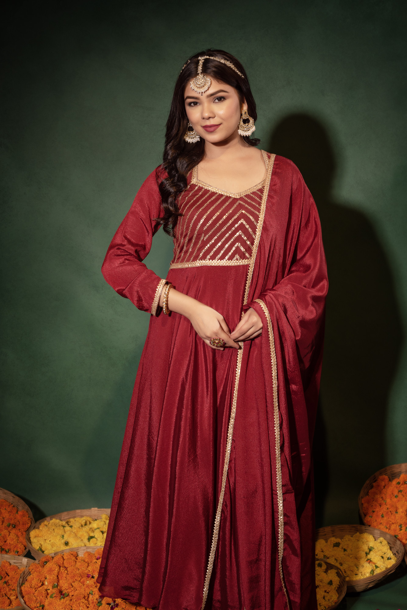 Cranberry Red Sequins Chinon Anarkali Suit Set