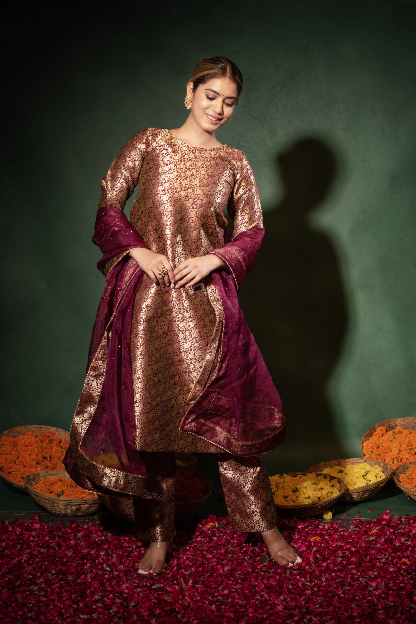 Wine Banarsi Straight Kurta Set
