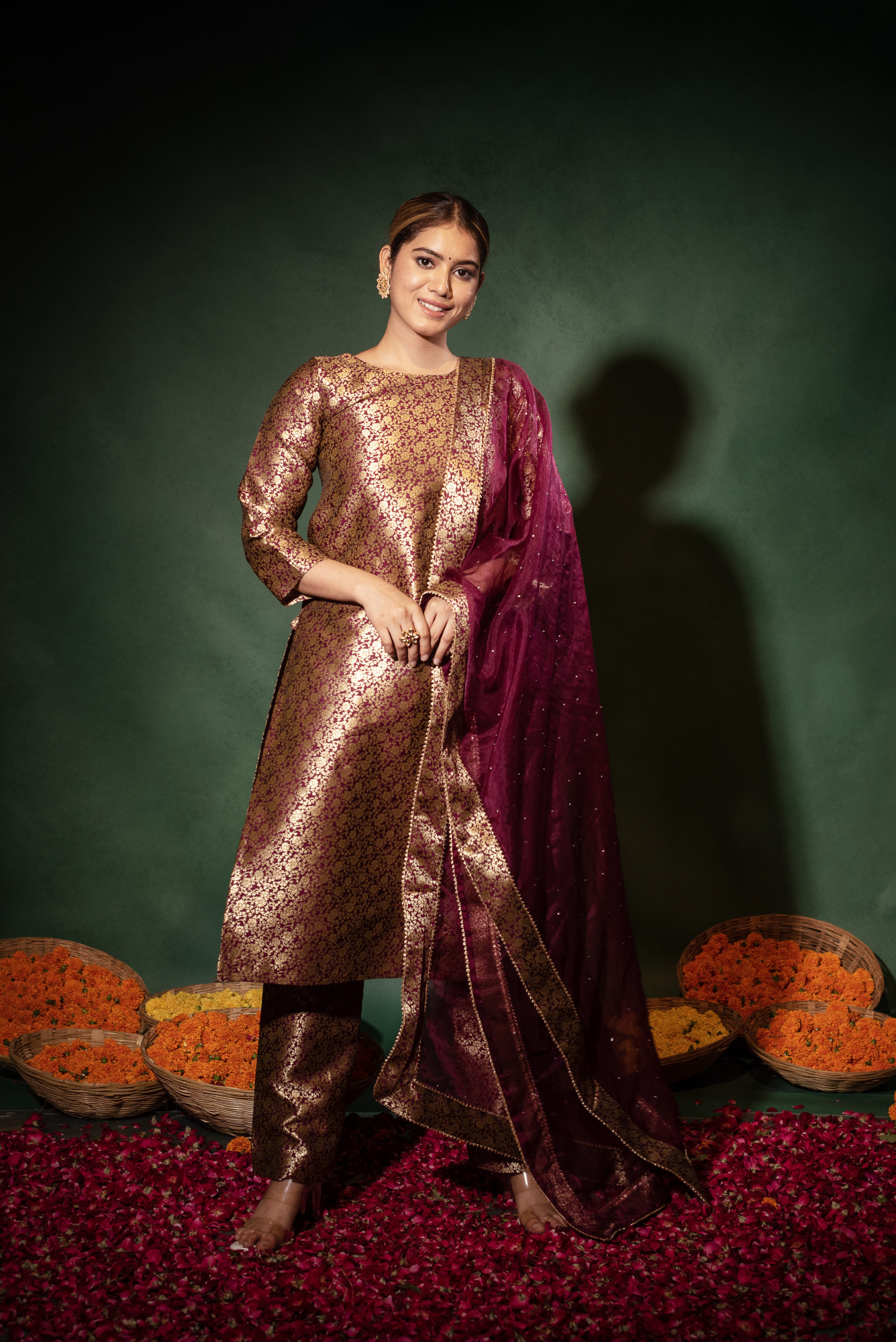 Wine Banarsi Straight Kurta Set