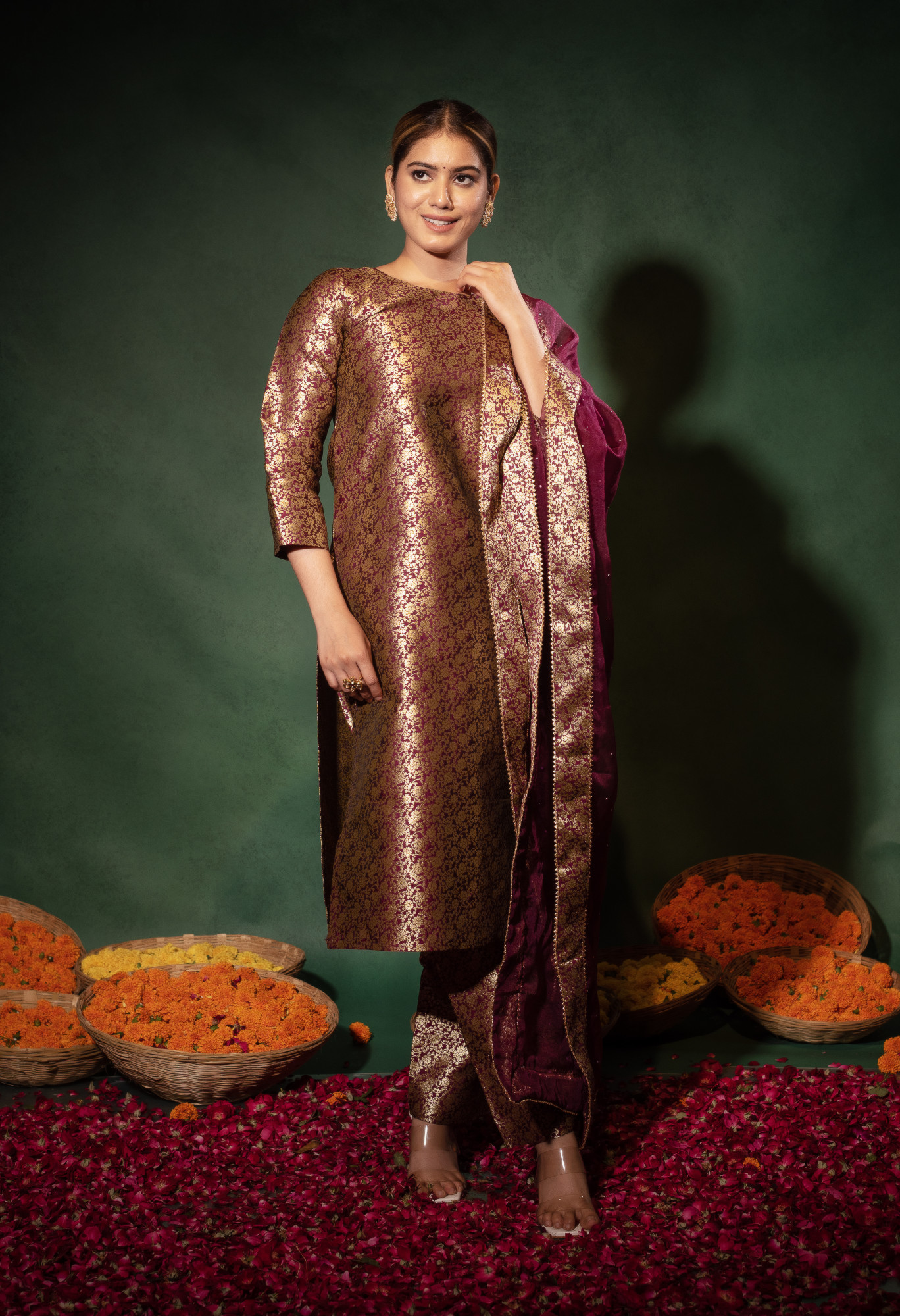 Wine Banarsi Straight Kurta Set