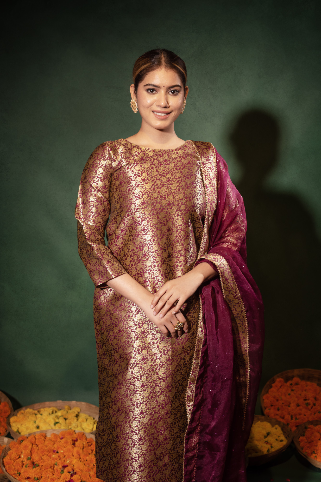 Wine Banarsi Straight Kurta Set