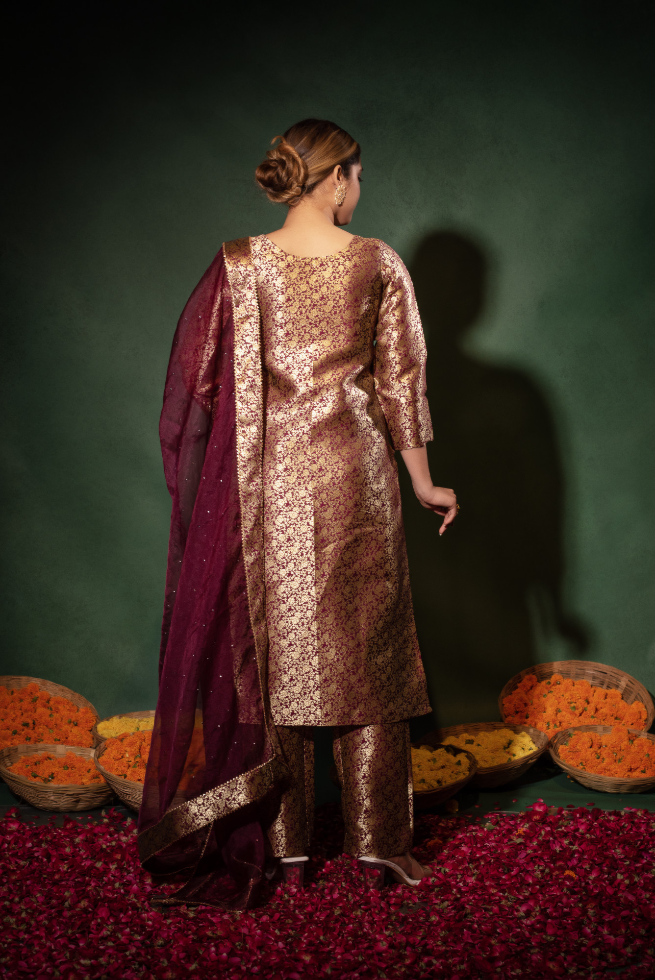Wine Banarsi Straight Kurta Set