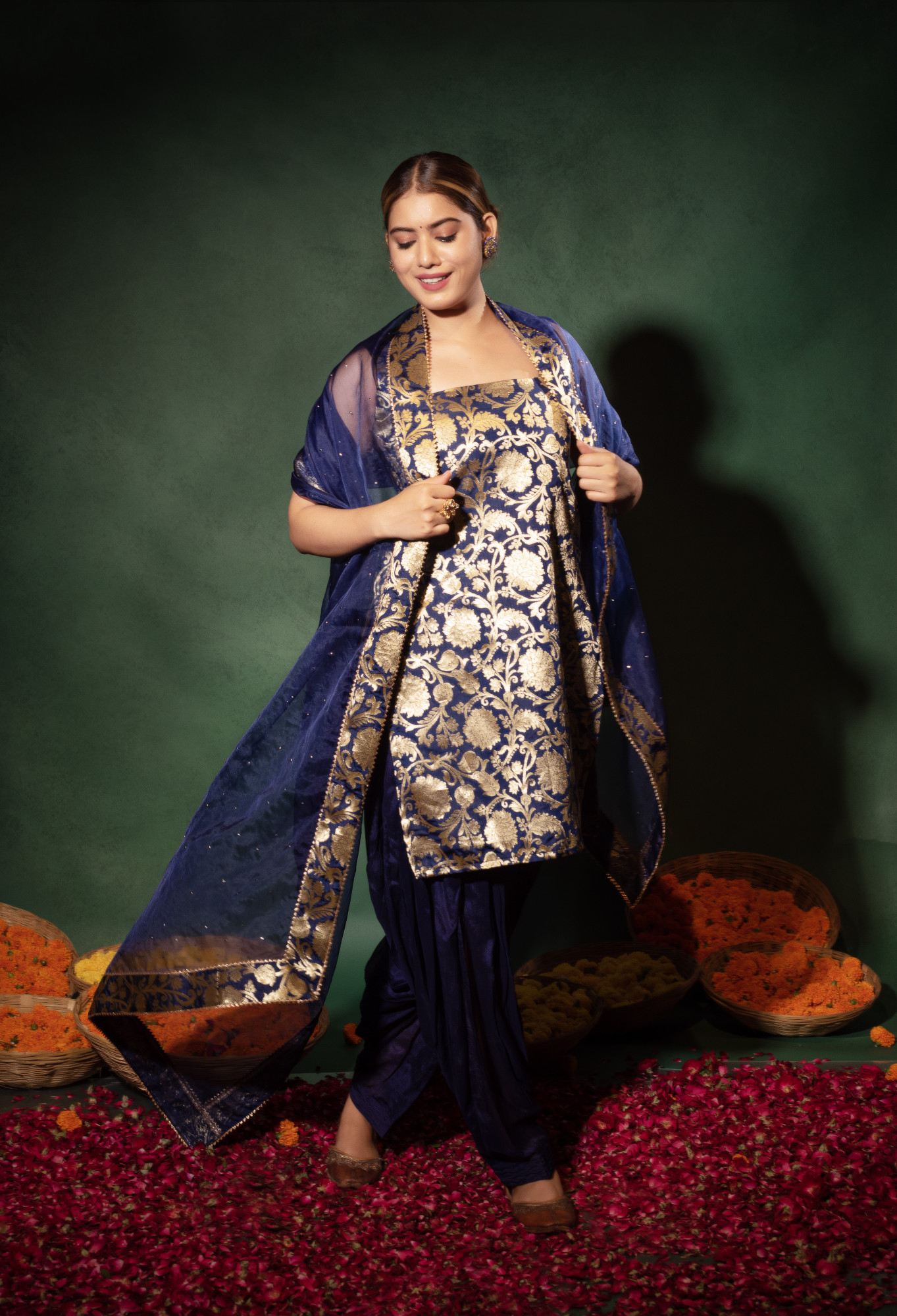 Navy Blue Banarsi Straight Kurta Set