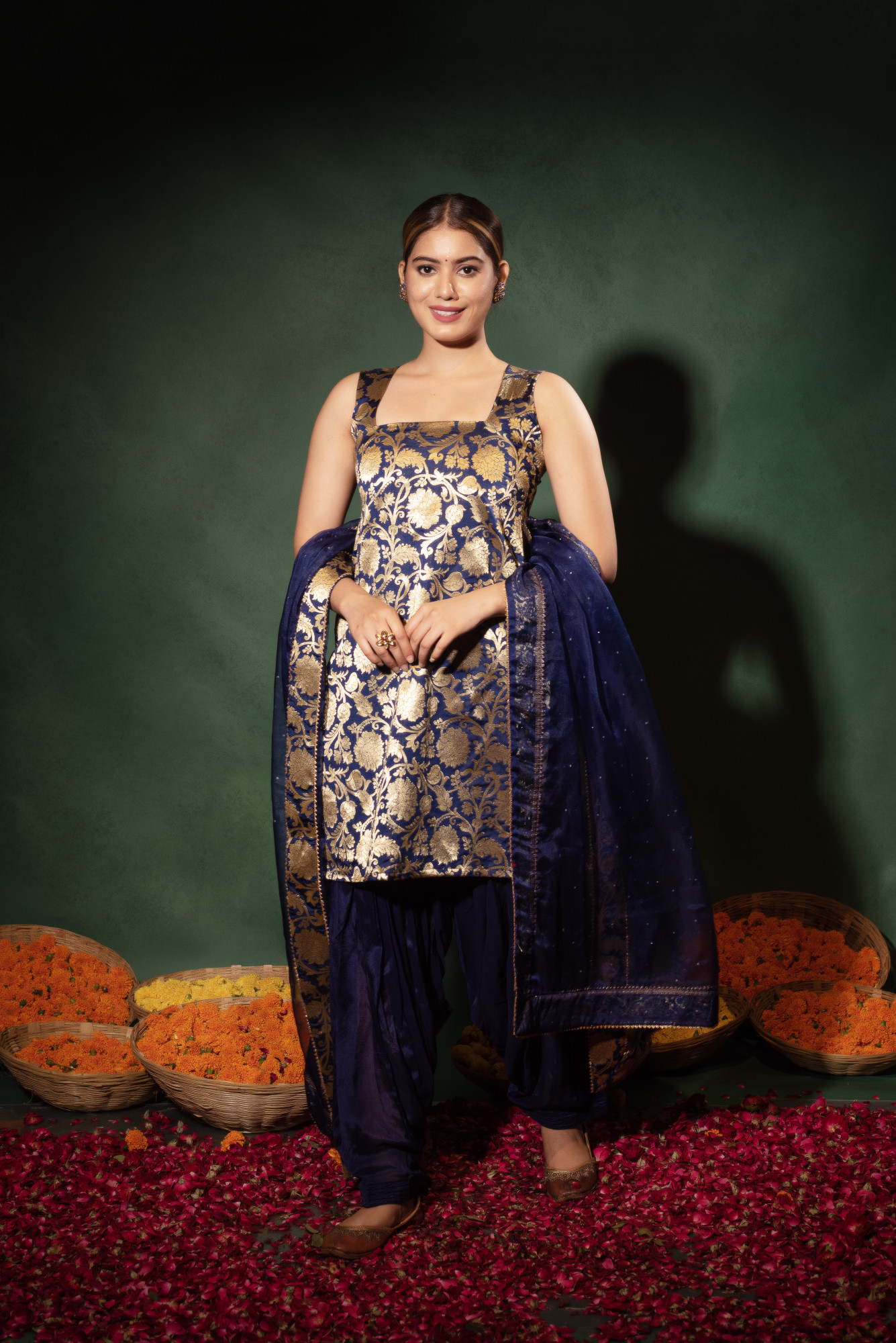 Navy Blue Banarsi Straight Kurta Set