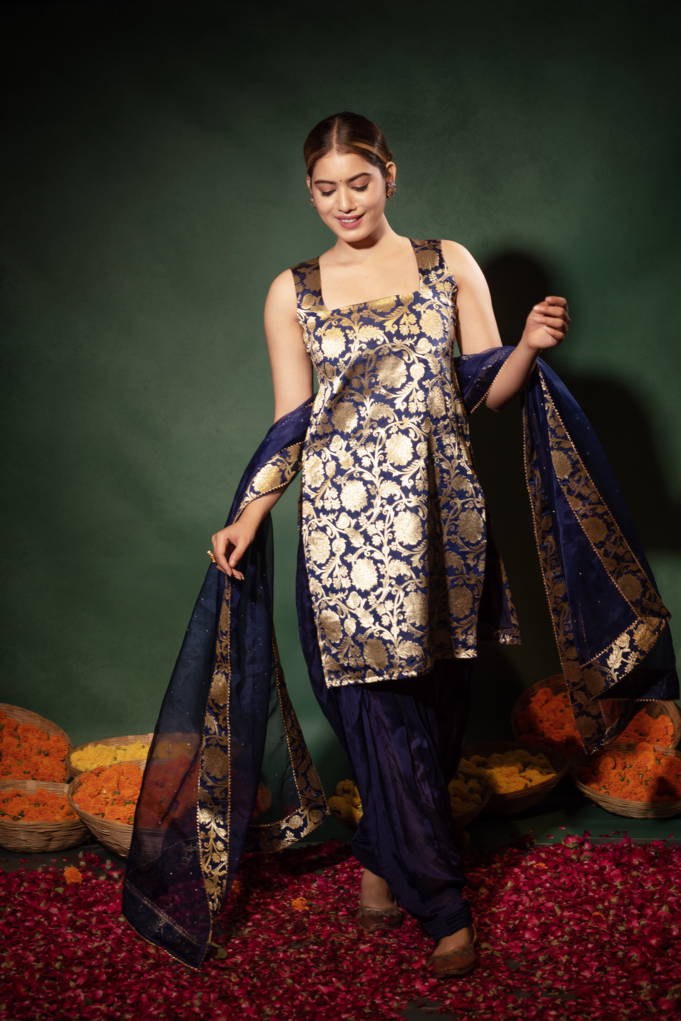 Navy Blue Banarsi Straight Kurta Set