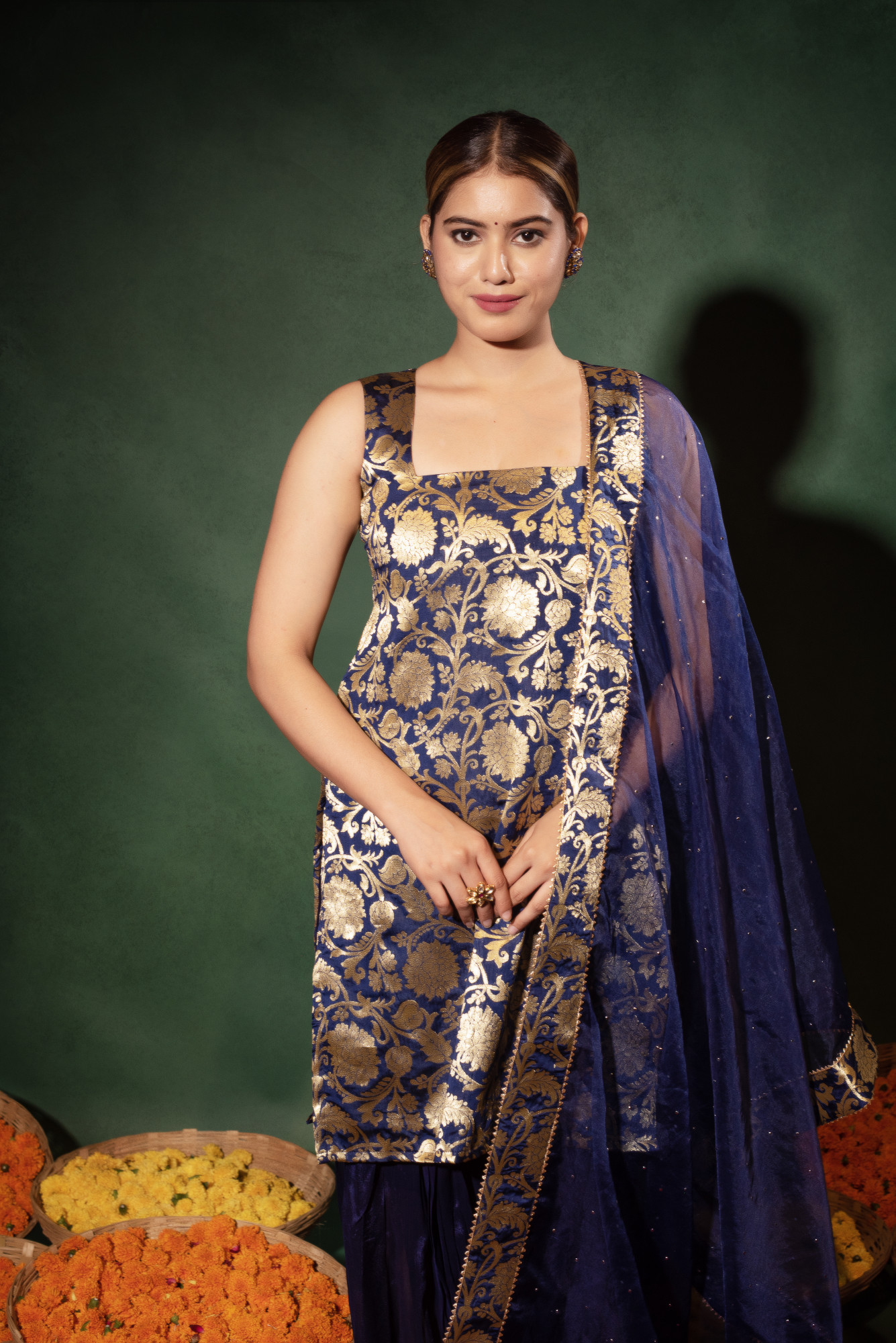 Navy Blue Banarsi Straight Kurta Set