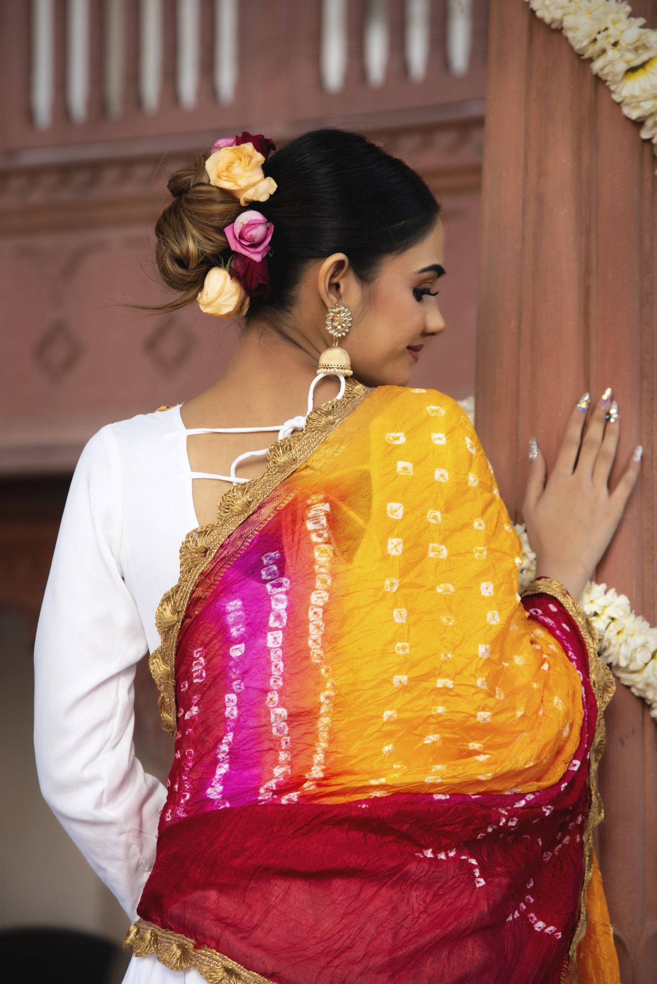 White Bhandhej Gotapatti Sharara Set