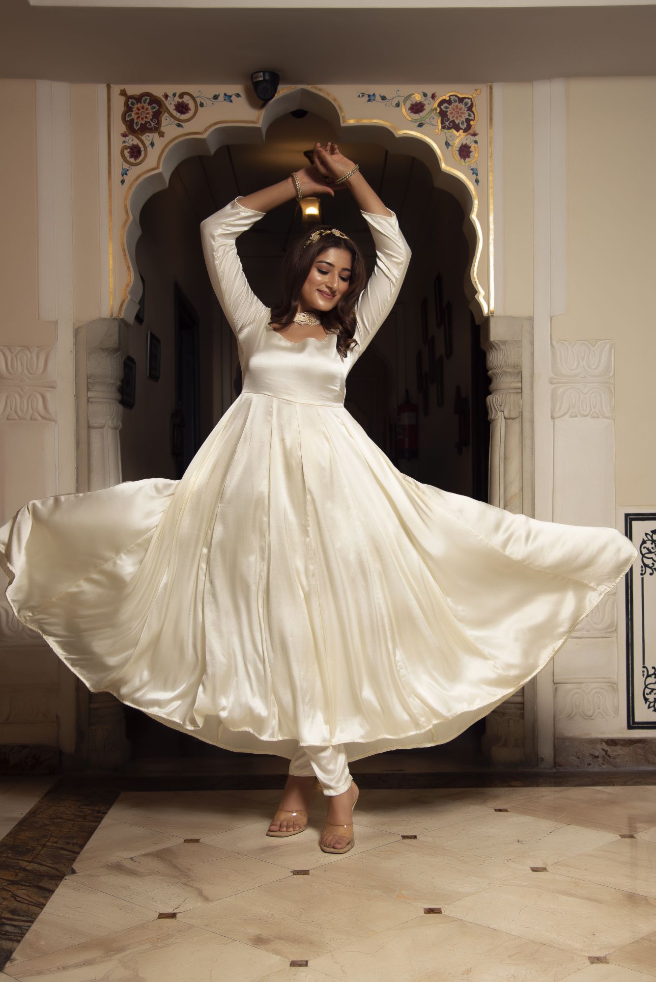 Pearl Satin Anarkali Suit Set with Sunflower Dupatta