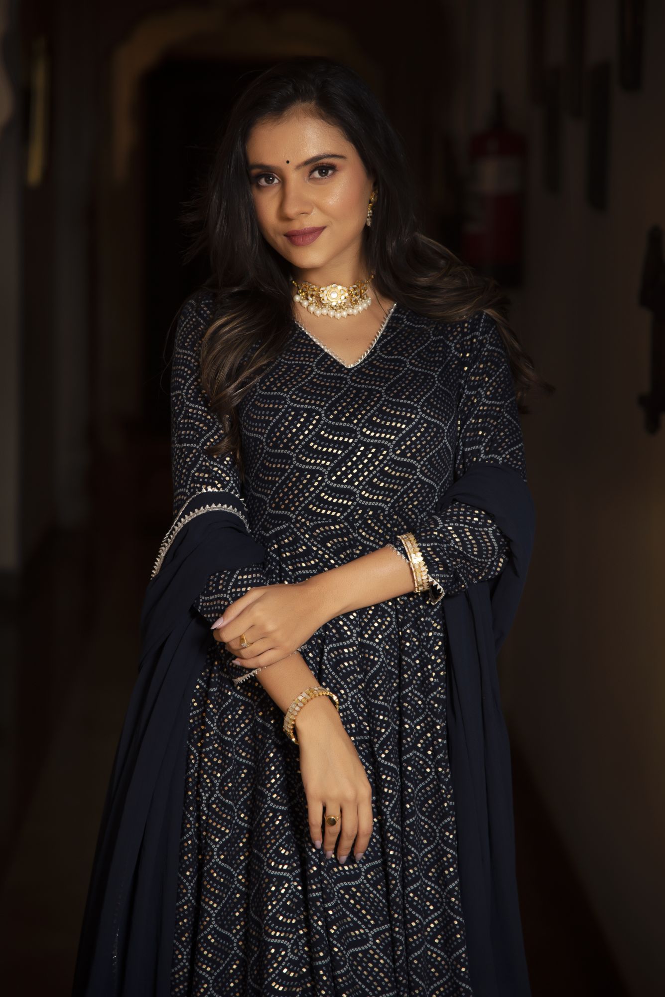 Navy Blue Printed Anarkali Suit Set