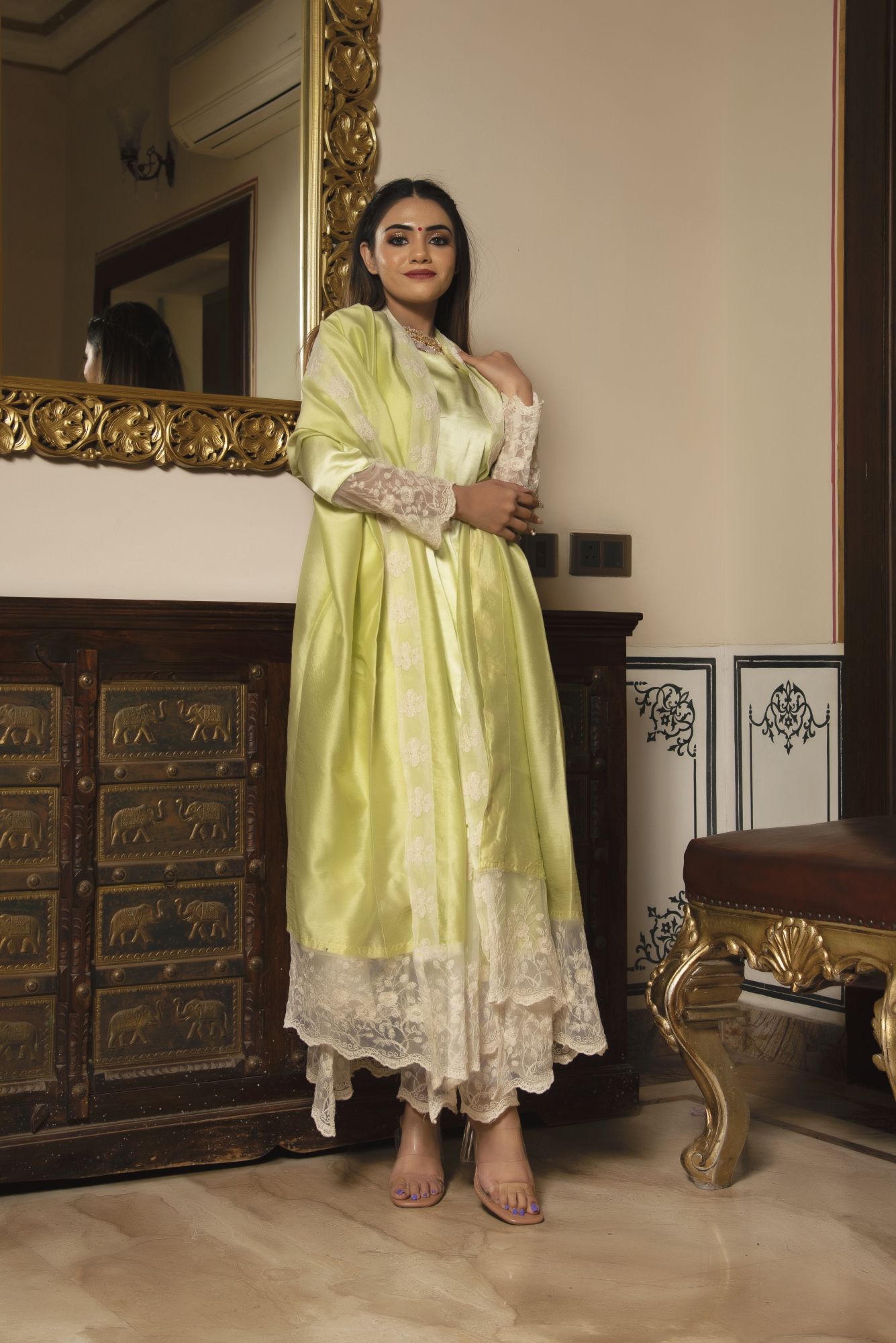 Greeny Shine Satin Suit Set