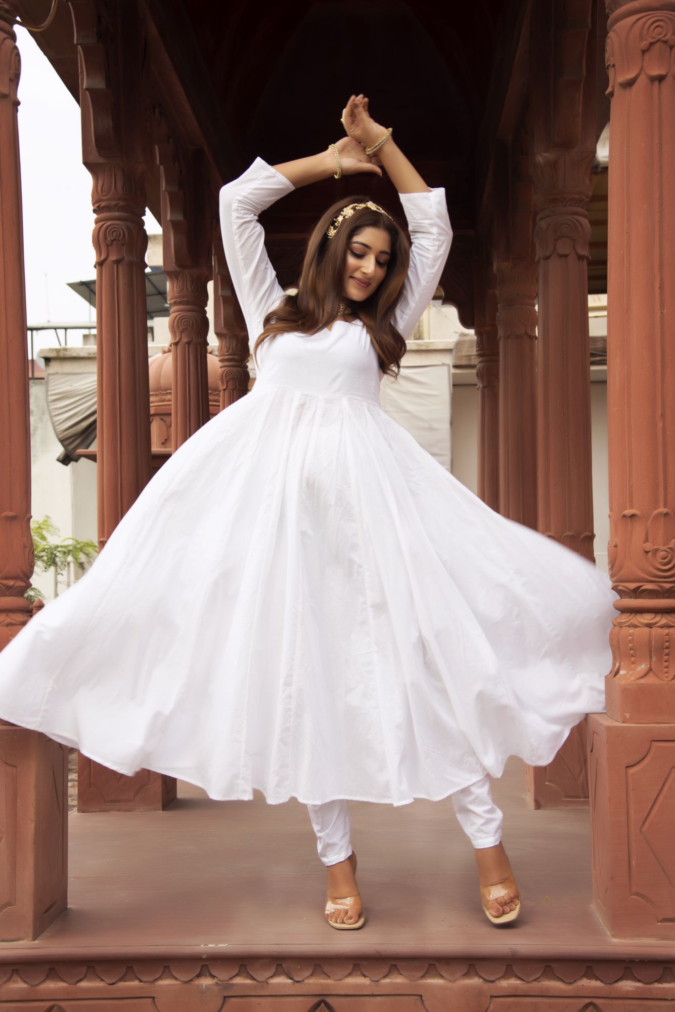 White Anarkali Suit Set with Sky Blue Embroided Dupatta