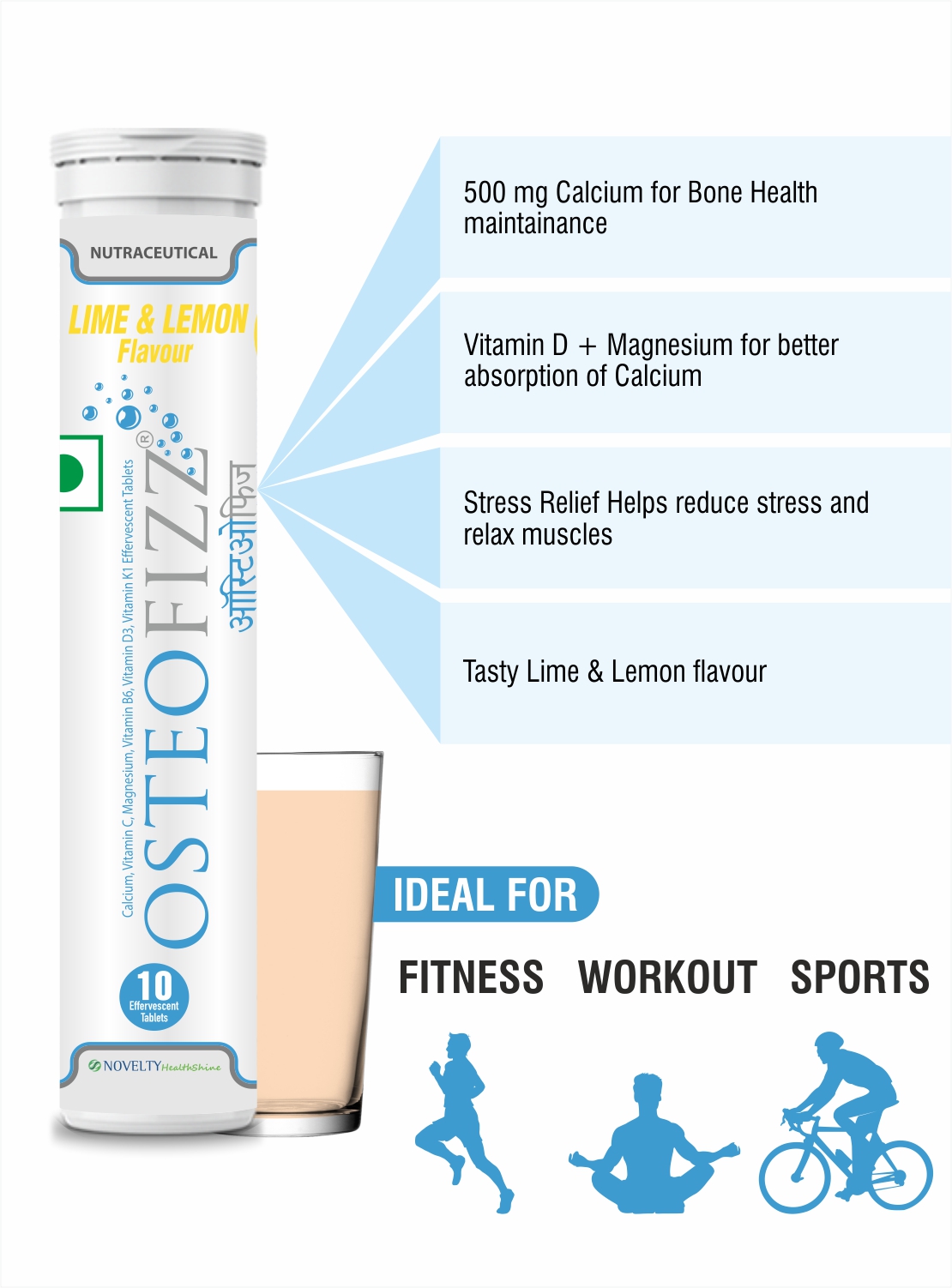 Osteofizz- Calcium with Vitamin D Effervescent  Tablets with Mg Vit C B6  K Pack of 20 Lime  Lemon - flavored effervescent tablets for optimal absorption Swiss formula for complete Bone Health