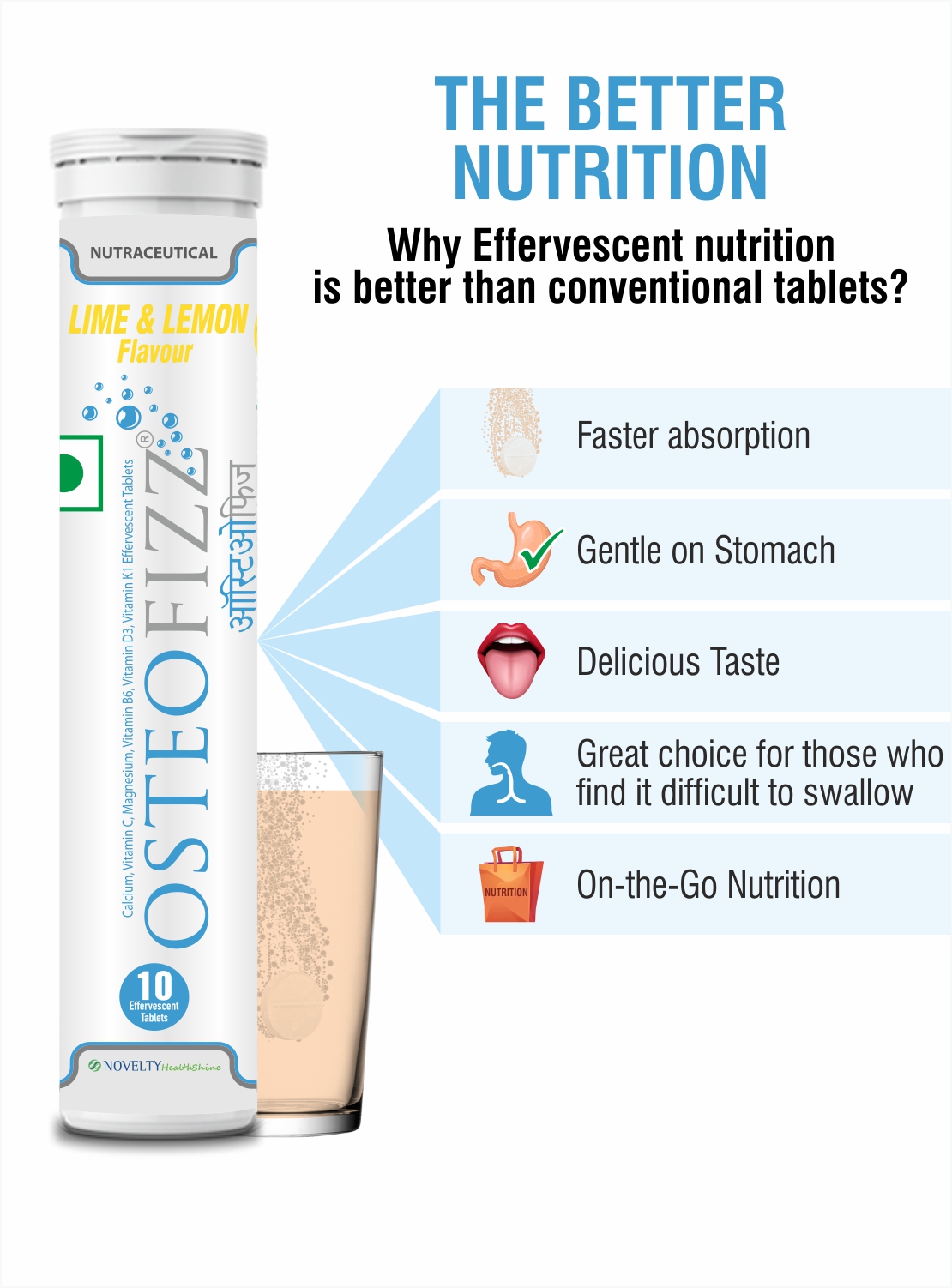 Osteofizz- Calcium with Vitamin D Effervescent Tablets with Mg Vit C B6 K Pack of 20 Lime Lemon - flavored effervescent tablets for optimal absorption Swiss formula for complete Bone Health