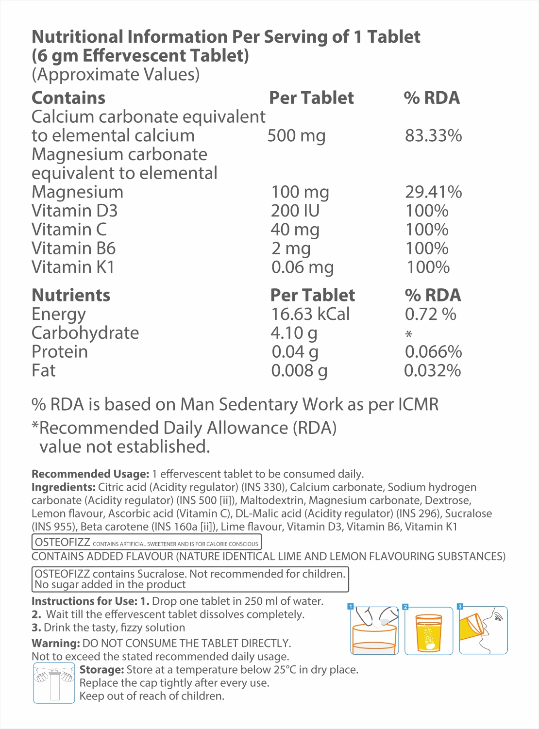 Osteofizz- Calcium with Vitamin D Effervescent Tablets with Mg Vit C B6 K Pack of 20 Lime Lemon - flavored effervescent tablets for optimal absorption Swiss formula for complete Bone Health