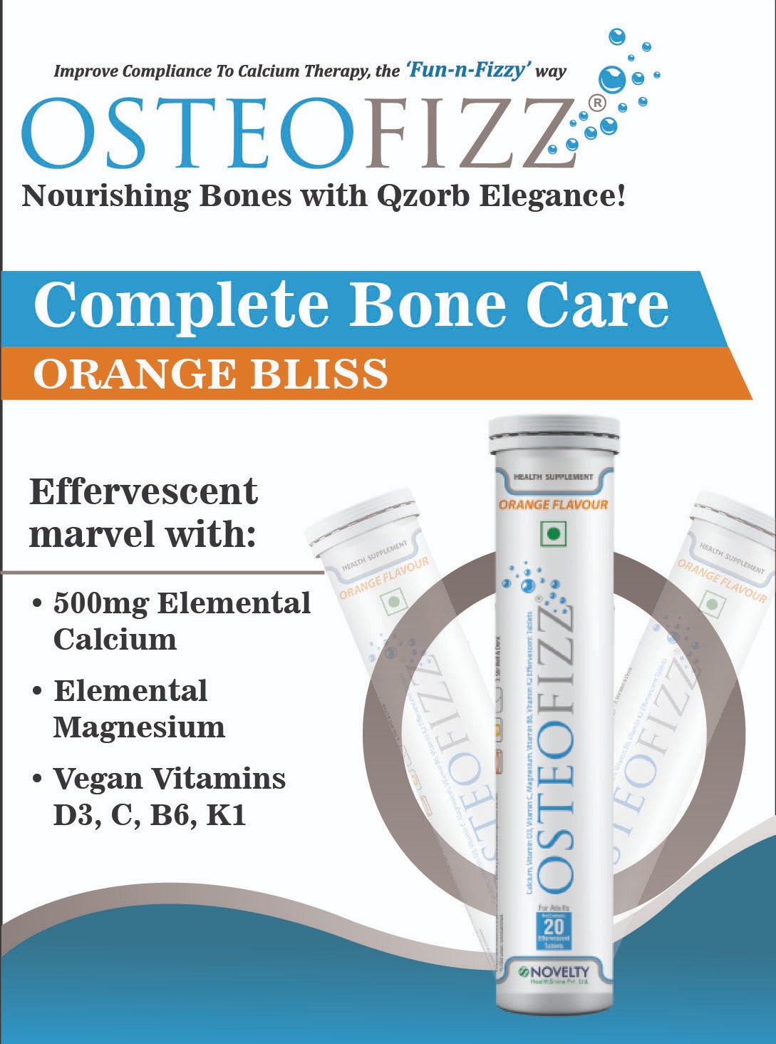 Osteofizz- Calcium with Vitamin D Effervescent Tablets with Mg Vit C B6 K Pack of 20 orange - flavored effervescent tablets for optimal absorption Swiss formula for complete Bone Health