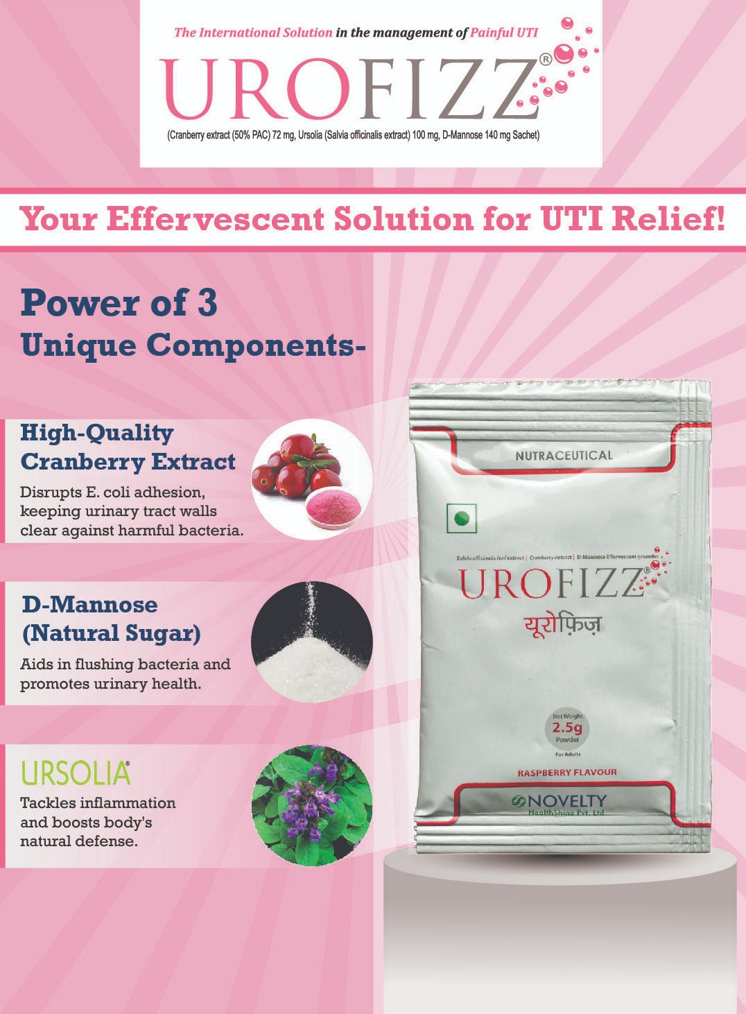 Urofizz Cranberry Extract with Ursolia D-Mannose - Natural Urinary Tract Infection Management Granules with Qzorb Technology 25g sachet Raspberry flavor