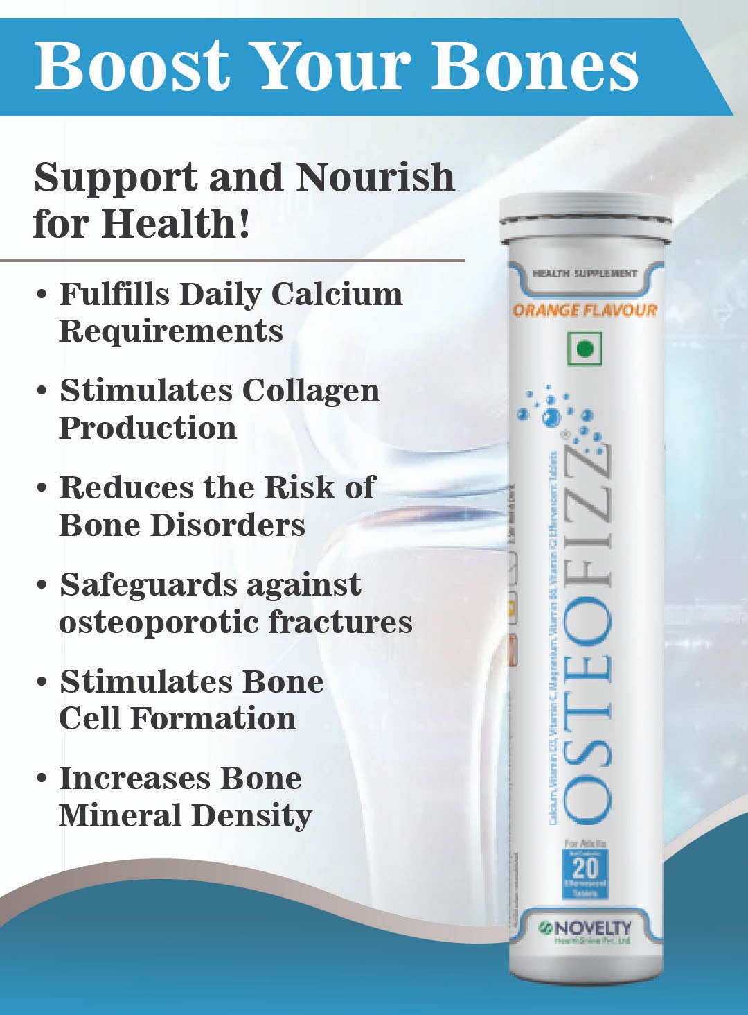 Osteofizz- Calcium with Vitamin D Effervescent Tablets with Mg Vit C B6 K Pack of 20 orange - flavored effervescent tablets for optimal absorption Swiss formula for complete Bone Health