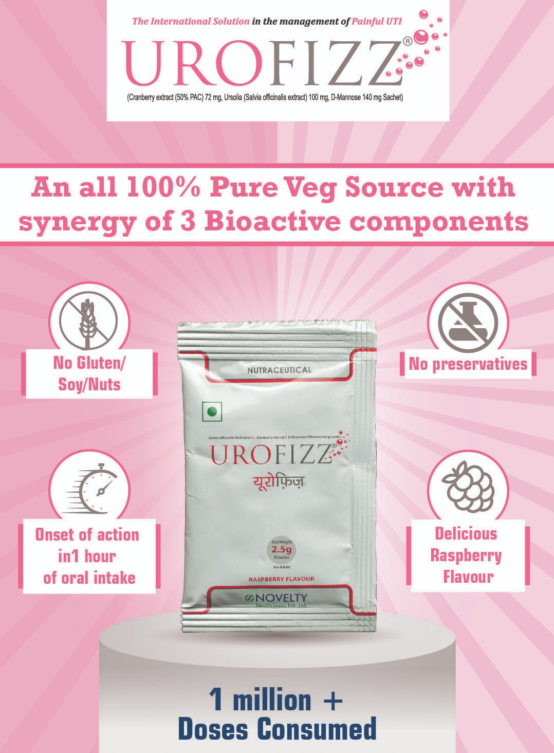 Urofizz Cranberry Extract with Ursolia  D-Mannose - Natural Urinary Tract Infection Management Granules with Qzorb Technology 25g sachet Raspberry flavor