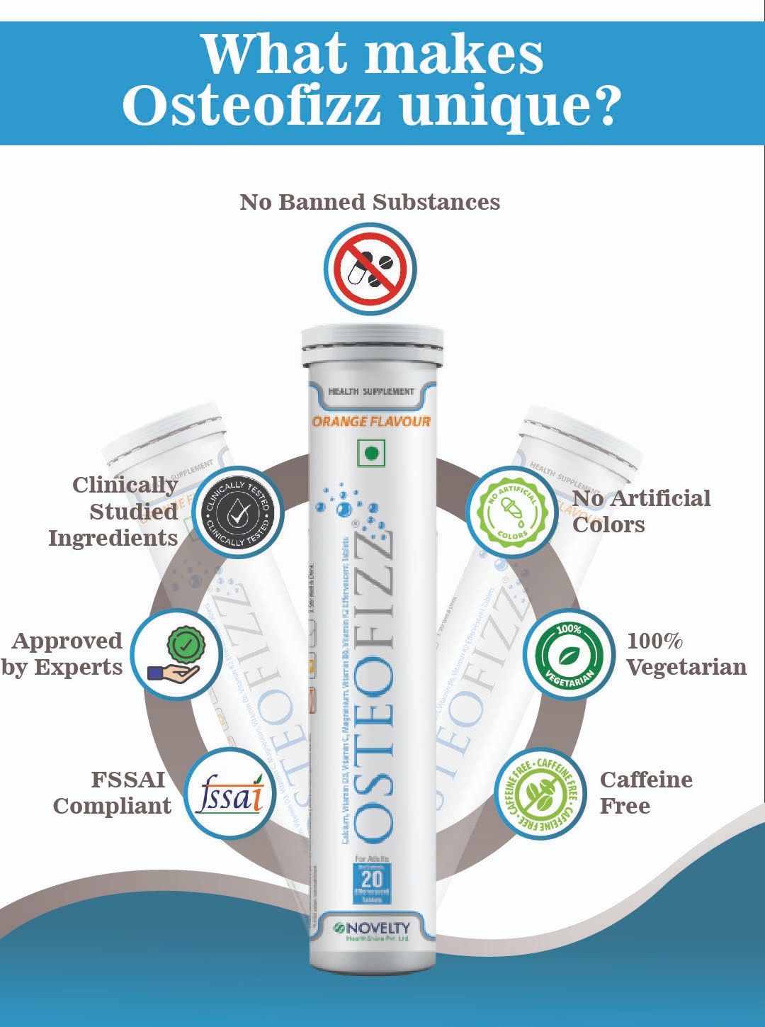 Osteofizz- Calcium with Vitamin D Effervescent Tablets with Mg Vit C B6 K Pack of 20 orange - flavored effervescent tablets for optimal absorption Swiss formula for complete Bone Health