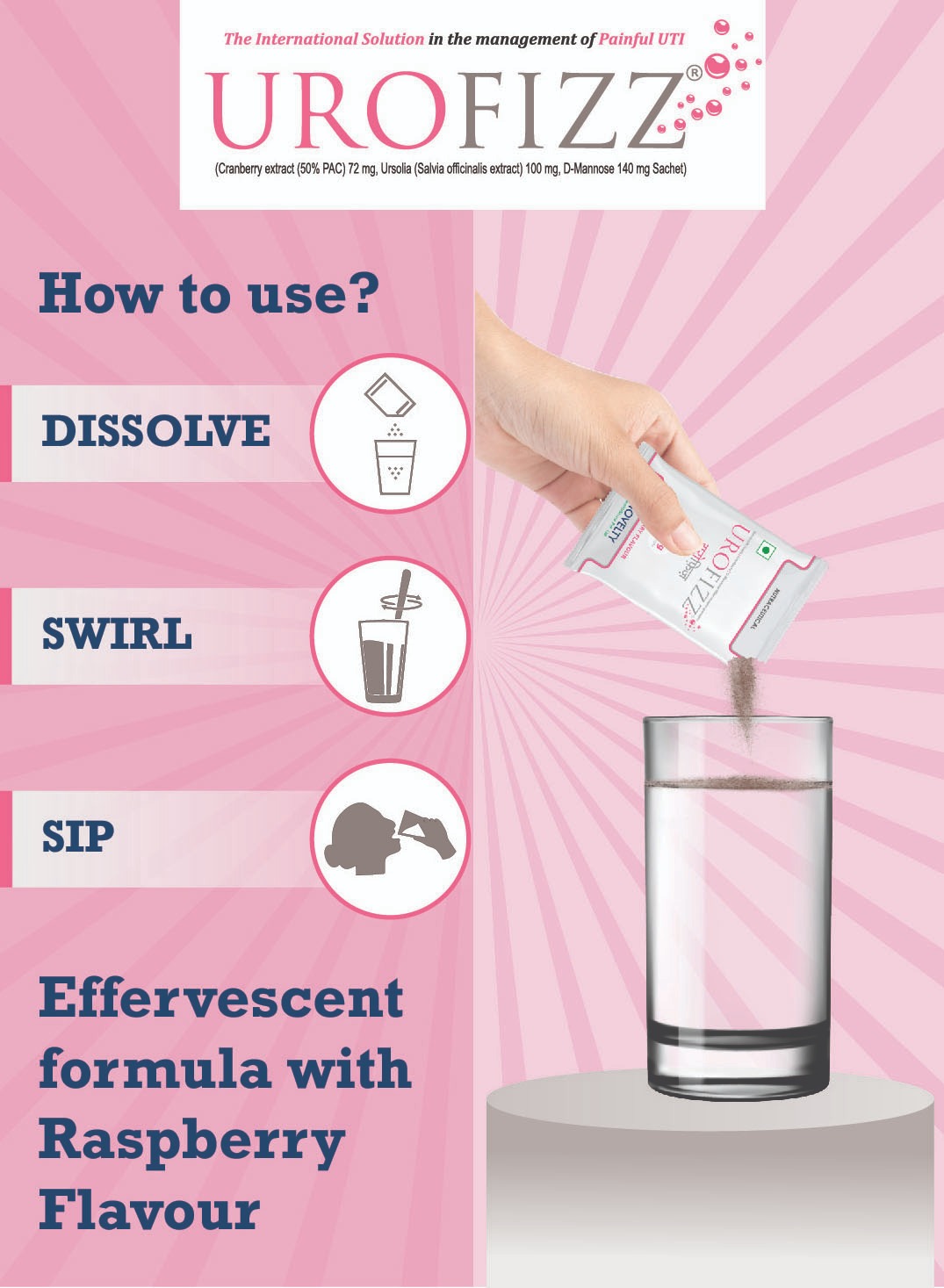 Urofizz Cranberry Extract with Ursolia D-Mannose - Natural Urinary Tract Infection Management Granules with Qzorb Technology 25g sachet Raspberry flavor