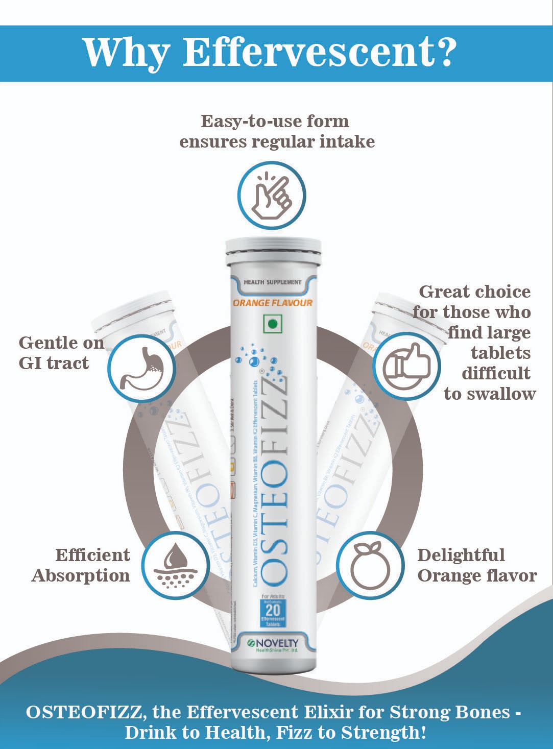 Osteofizz- Calcium with Vitamin D Effervescent Tablets with Mg Vit C B6 K Pack of 20 orange - flavored effervescent tablets for optimal absorption Swiss formula for complete Bone Health