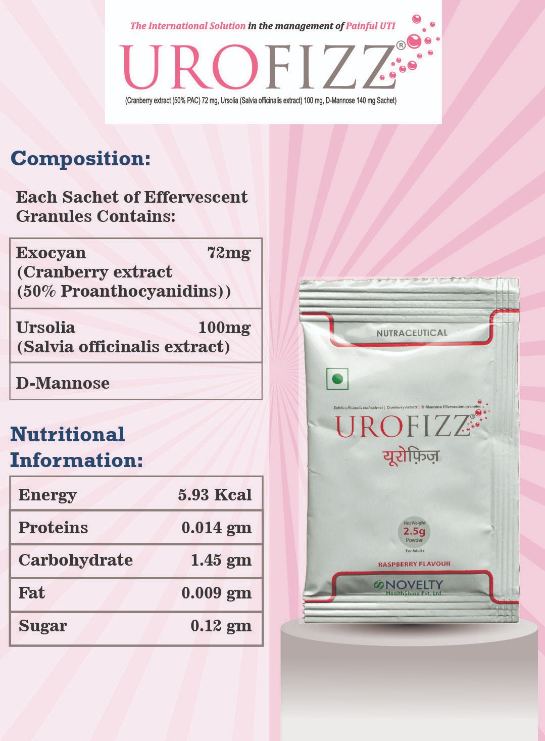 Urofizz Cranberry Extract with Ursolia D-Mannose - Natural Urinary Tract Infection Management Granules with Qzorb Technology 25g sachet Raspberry flavor
