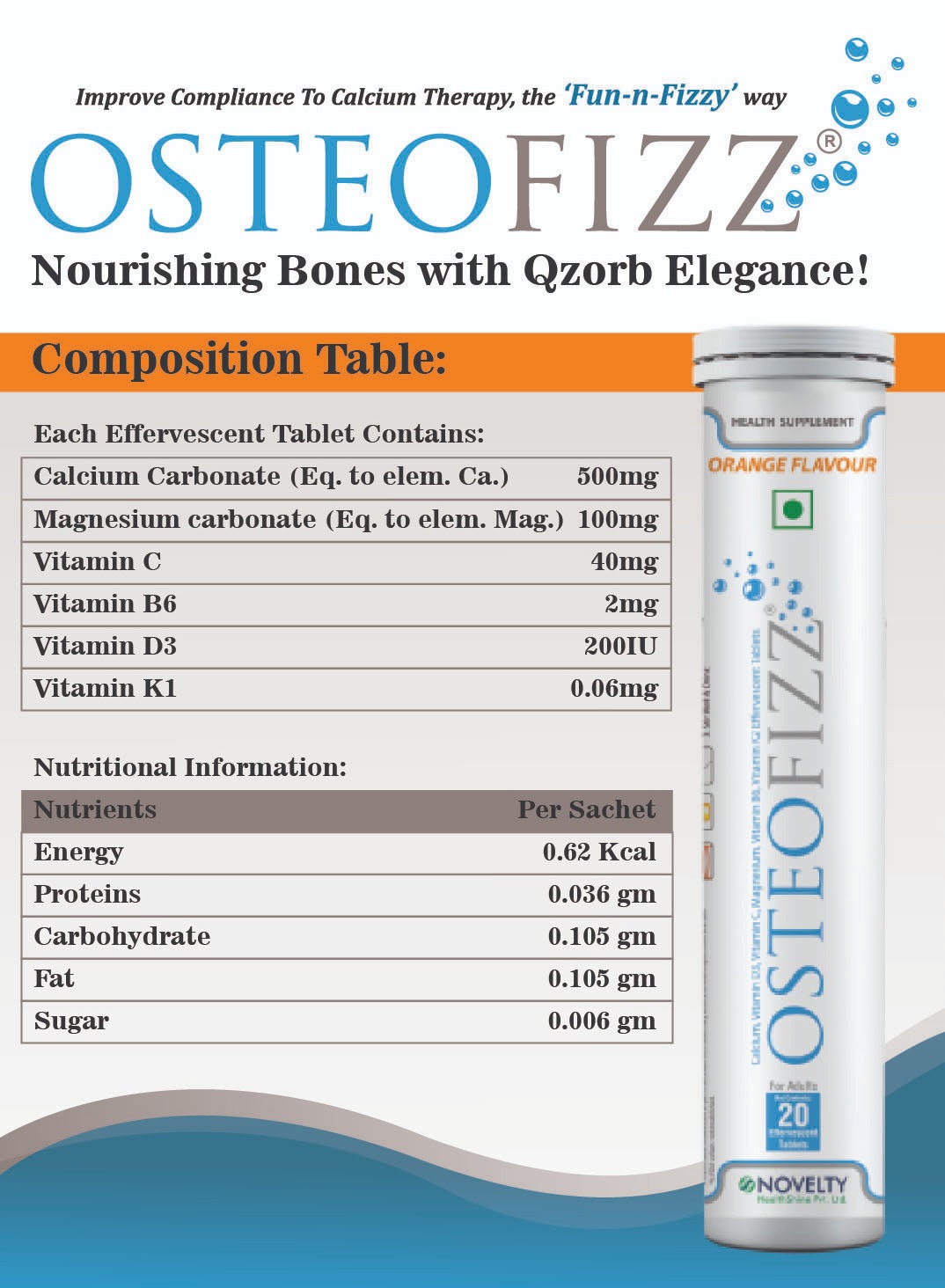 Osteofizz- Calcium with Vitamin D Effervescent Tablets with Mg Vit C B6 K Pack of 20 orange - flavored effervescent tablets for optimal absorption Swiss formula for complete Bone Health