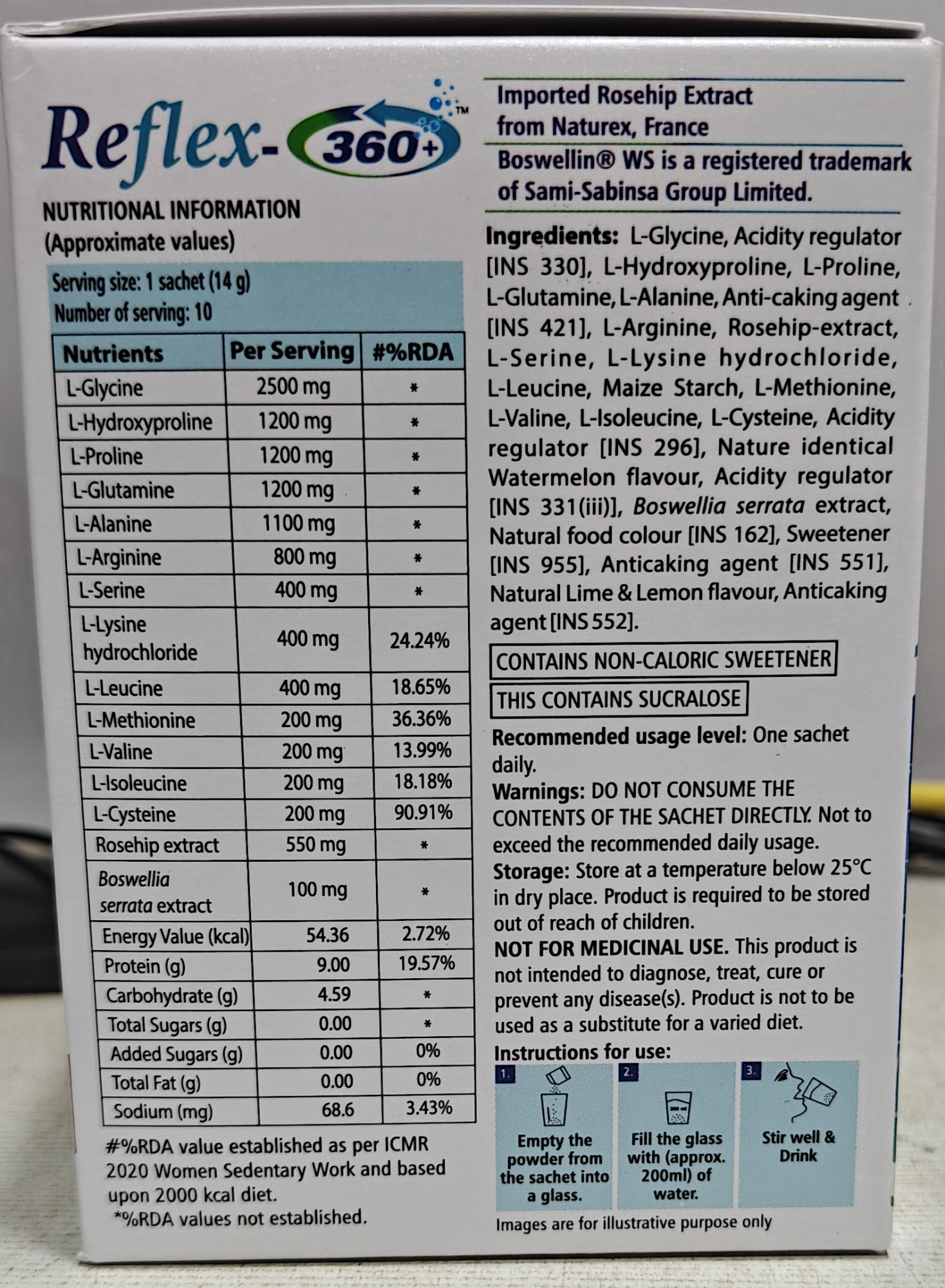 Reflex 360   A Scientifically Crafted combination of 13 Collagen specific amino acidswith Imported Rosehip extract    Boswellia serrata extract- Boswellin Water Soluble from Sami LabsIndia