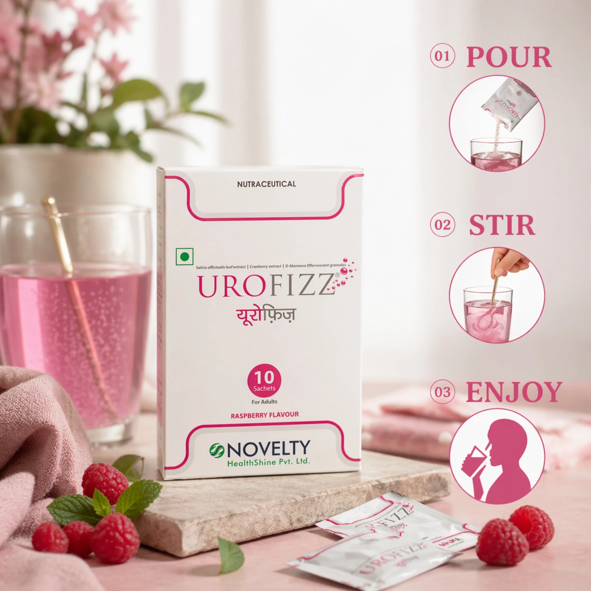 Urofizz Cranberry Extract with Ursolia D-Mannose - Natural Urinary Tract Infection Management Granules with Qzorb Technology 25g sachet Raspberry flavor