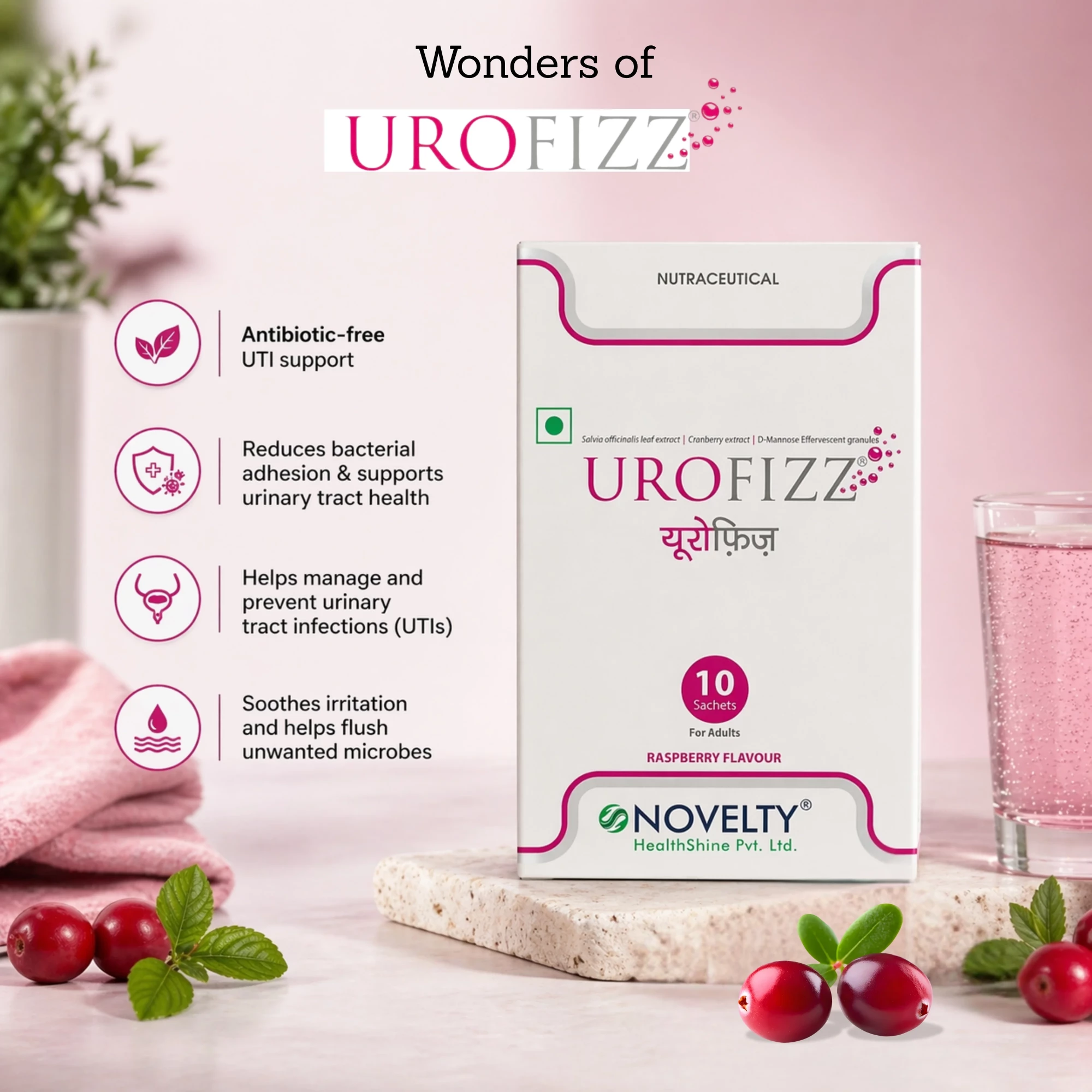 Urofizz Cranberry Extract with Ursolia D-Mannose - Natural Urinary Tract Infection Management Granules with Qzorb Technology 25g sachet Raspberry flavor