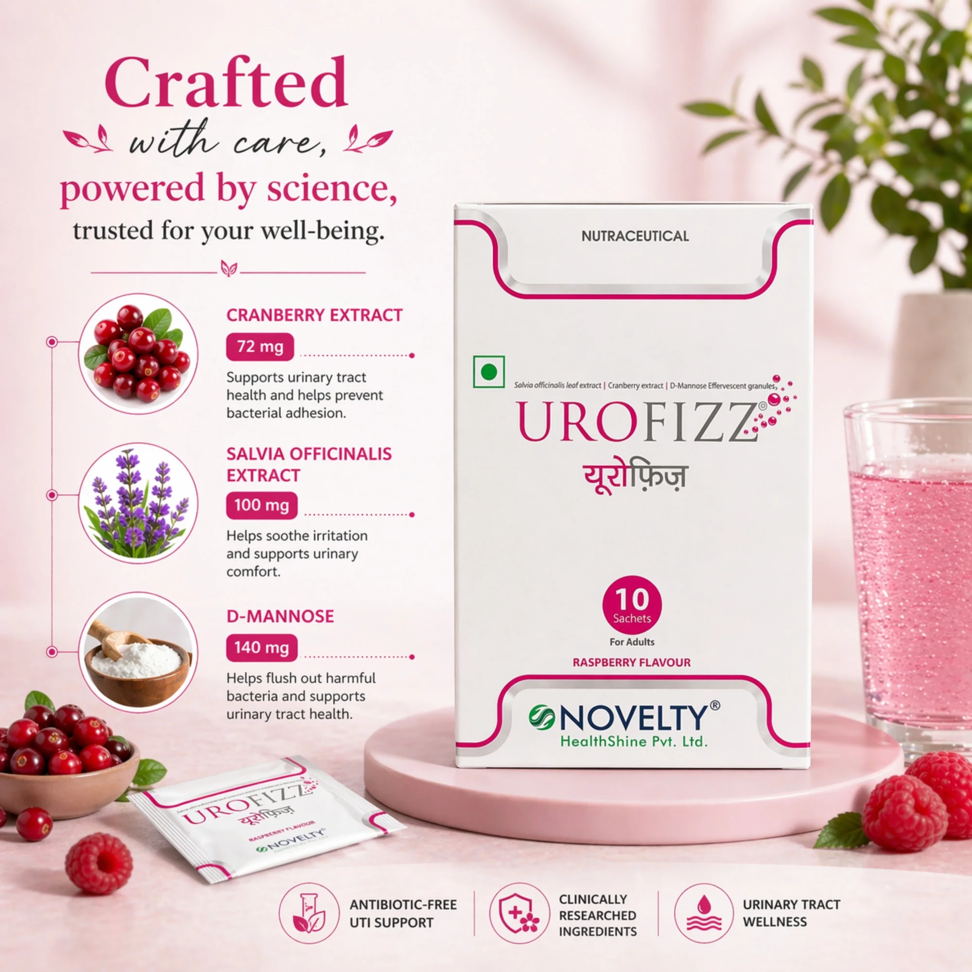 Urofizz Cranberry Extract with Ursolia D-Mannose - Natural Urinary Tract Infection Management Granules with Qzorb Technology 25g sachet Raspberry flavor