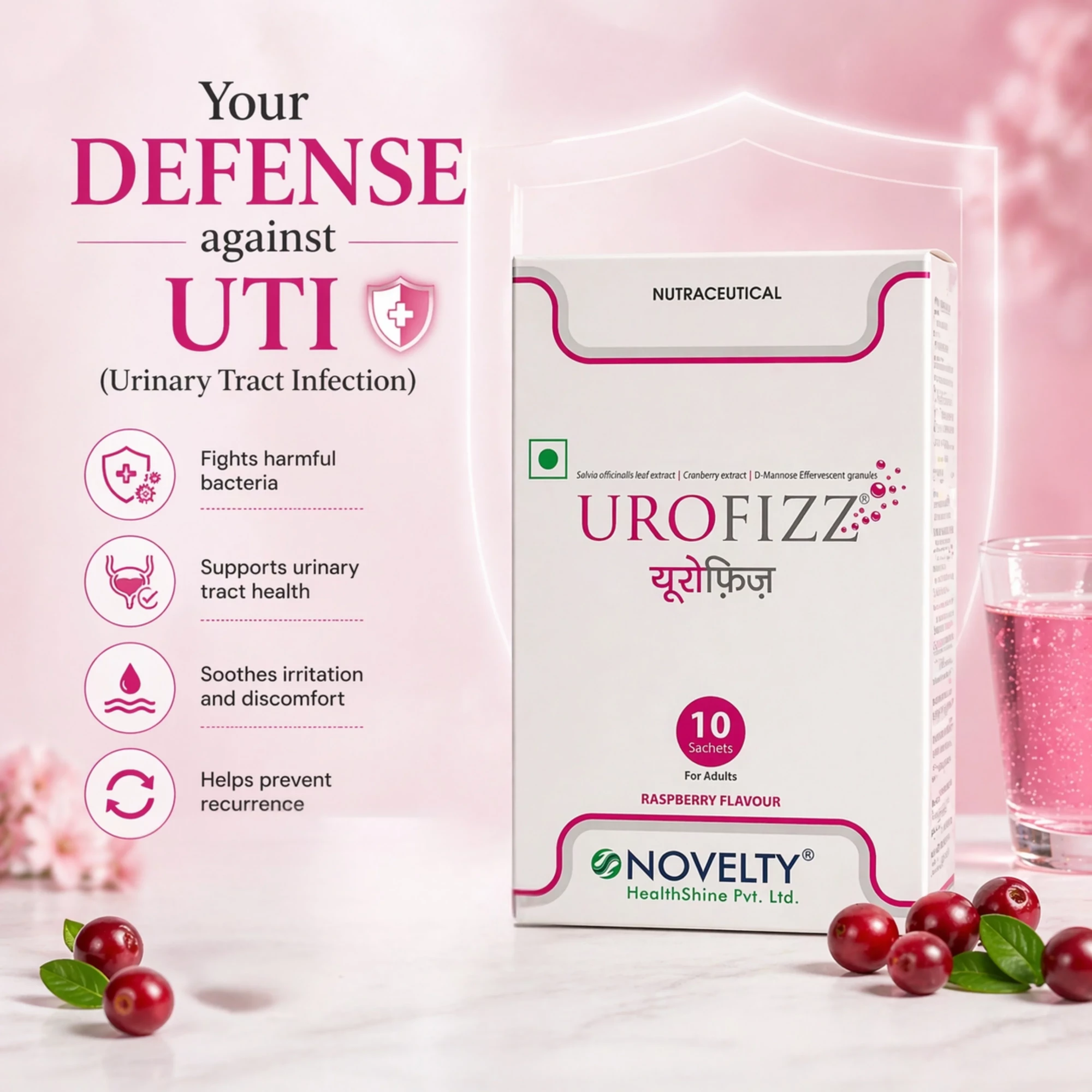 Urofizz Cranberry Extract with Ursolia D-Mannose - Natural Urinary Tract Infection Management Granules with Qzorb Technology 25g sachet Raspberry flavor