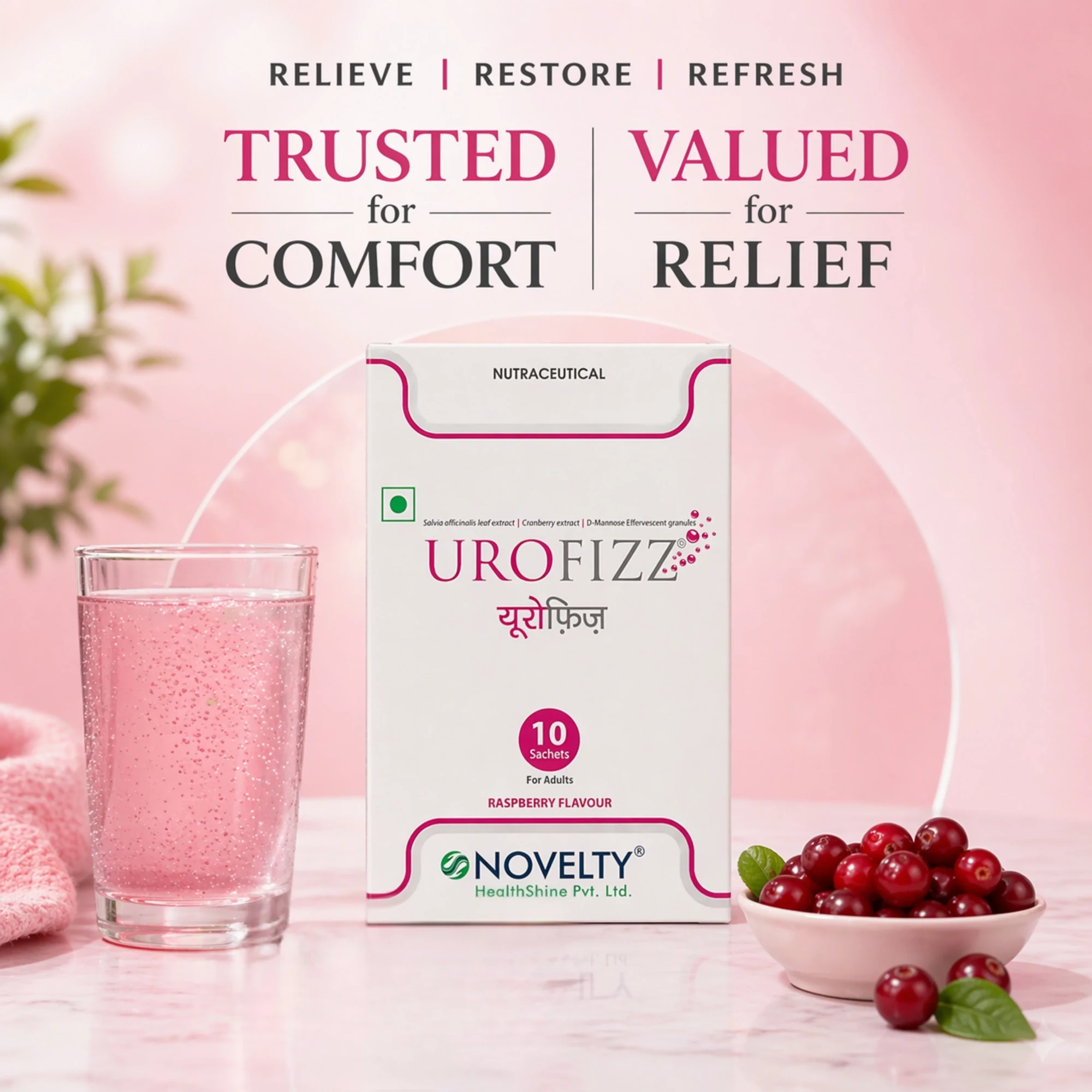 Urofizz Cranberry Extract with Ursolia D-Mannose - Natural Urinary Tract Infection Management Granules with Qzorb Technology 25g sachet Raspberry flavor