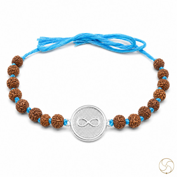 Image of 99.9% Silver Infinity Symbol Charm with Rudraksha Bead Rakhi