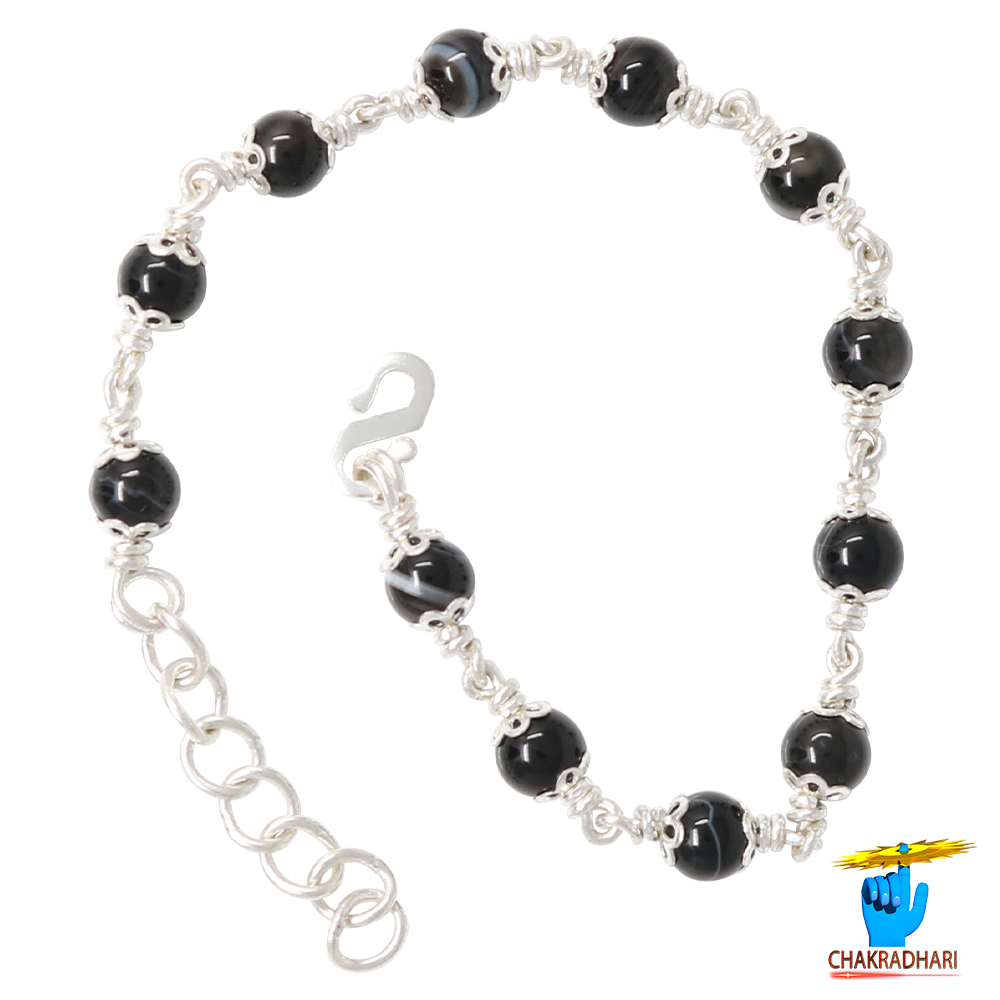 999 Silver Black Agate Bracelet For Male And Female -