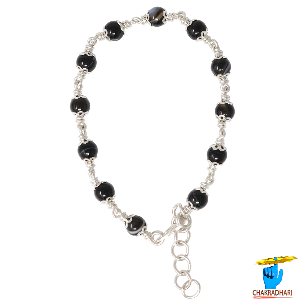 999 Silver Black Agate Bracelet For Male And Female -