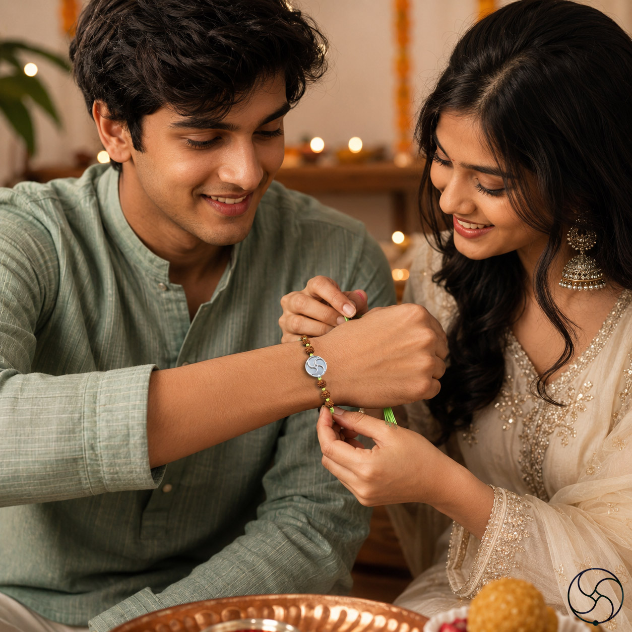999 Silver Chakradhari Logo with Rudraksha Bead Rakhi