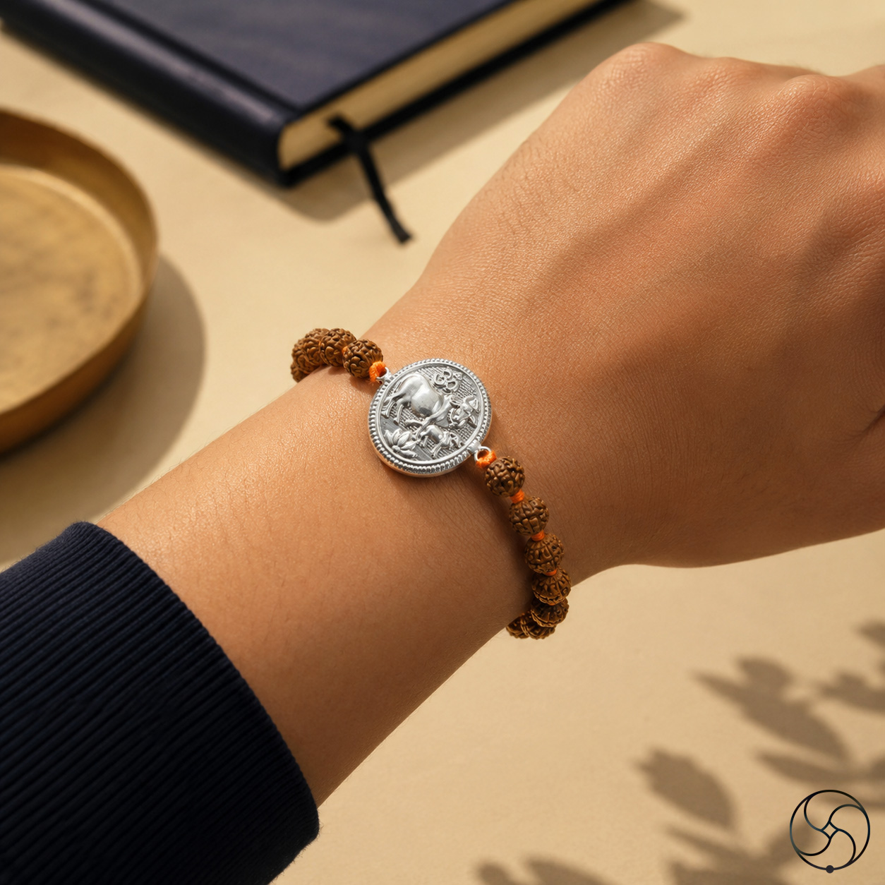 999 Silver Kamadhenu with Rudraksha Bead Rakhi