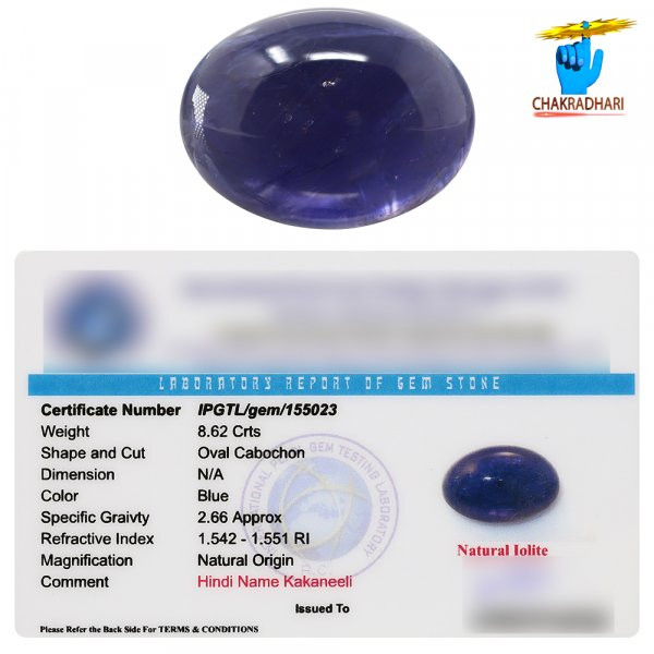 862 Carats Iolite Gemstone With Silver Ring Or Pendant -   